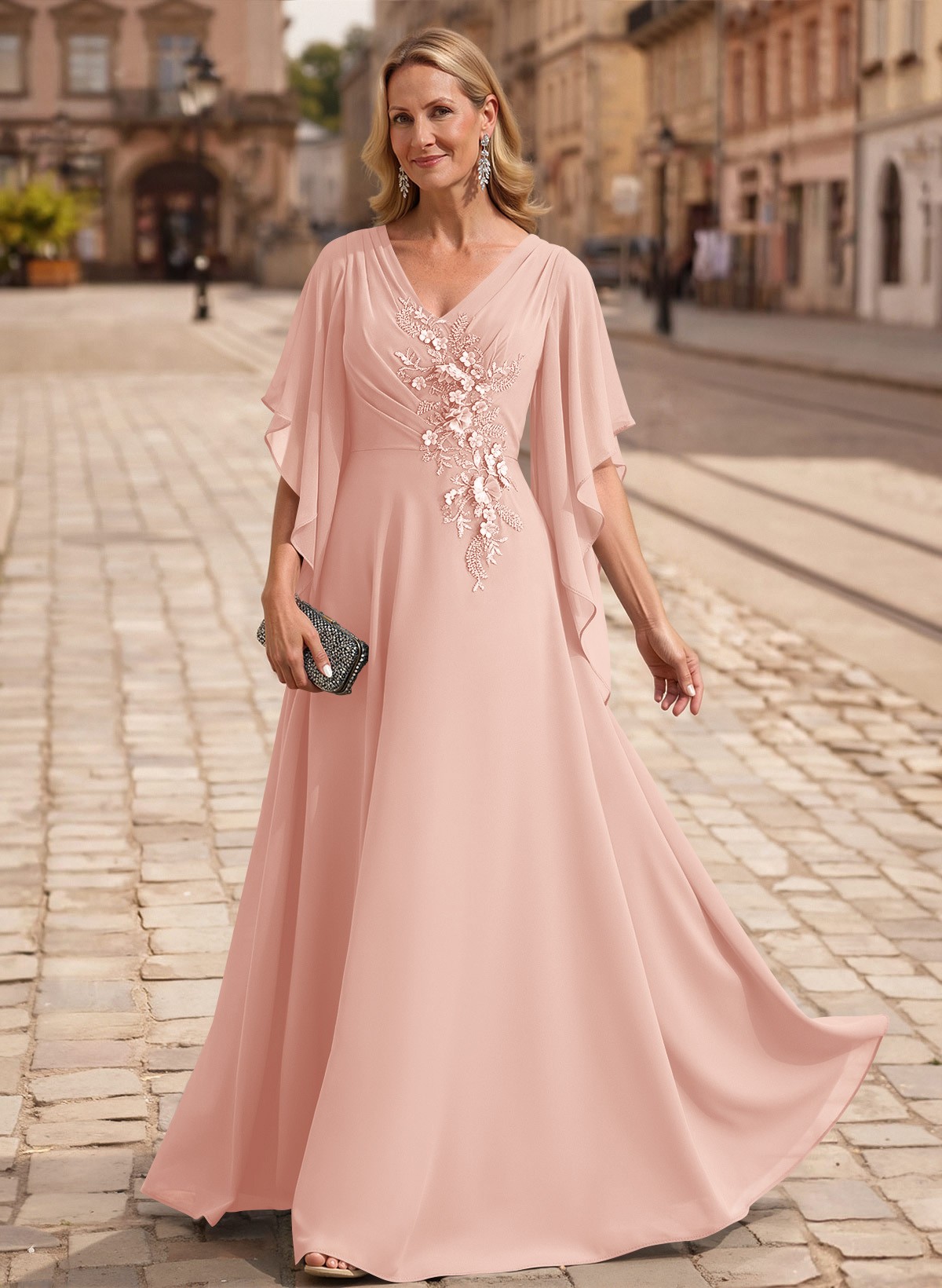 A-Line V-Neck 1/2 Sleeves Floor-Length Chiffon Mother Of The Bride Dresses With Appliques Lace