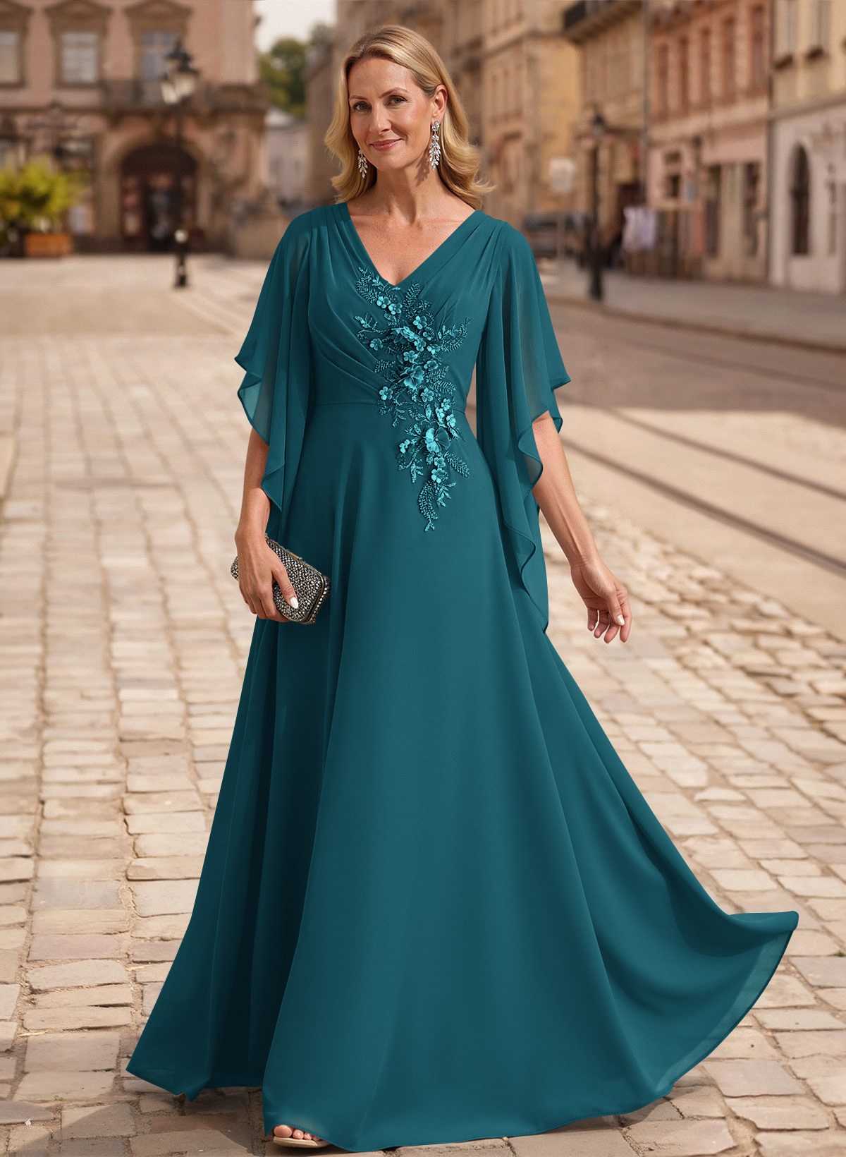 A-Line V-Neck 1/2 Sleeves Floor-Length Chiffon Mother Of The Bride Dresses With Appliques Lace