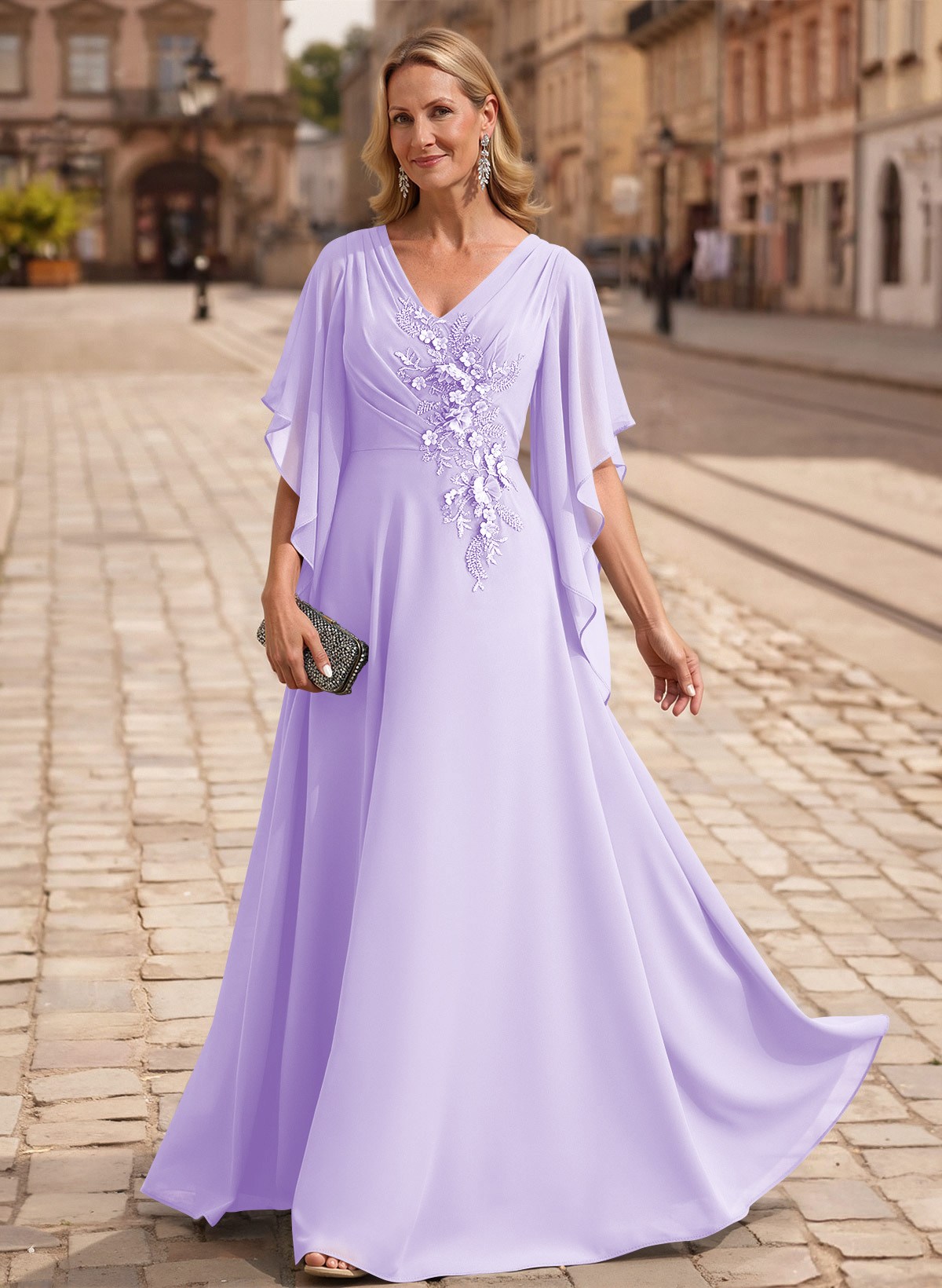 A-Line V-Neck 1/2 Sleeves Floor-Length Chiffon Mother Of The Bride Dresses With Appliques Lace