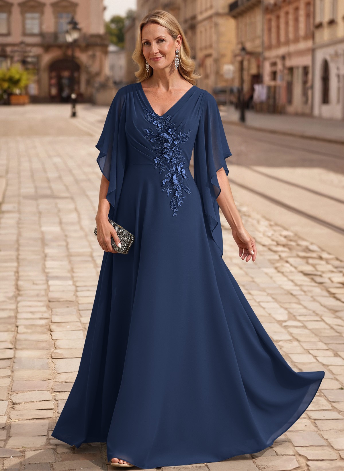 A-Line V-Neck 1/2 Sleeves Floor-Length Chiffon Mother Of The Bride Dresses With Appliques Lace