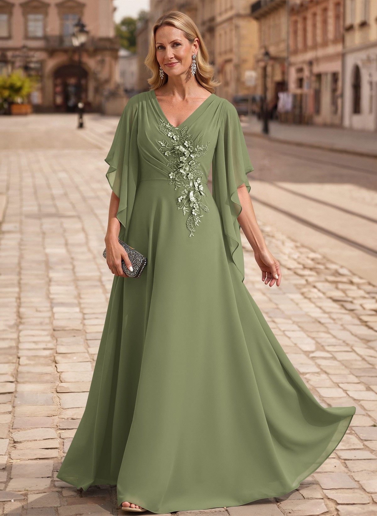 A-Line V-Neck 1/2 Sleeves Floor-Length Chiffon Mother Of The Bride Dresses With Appliques Lace