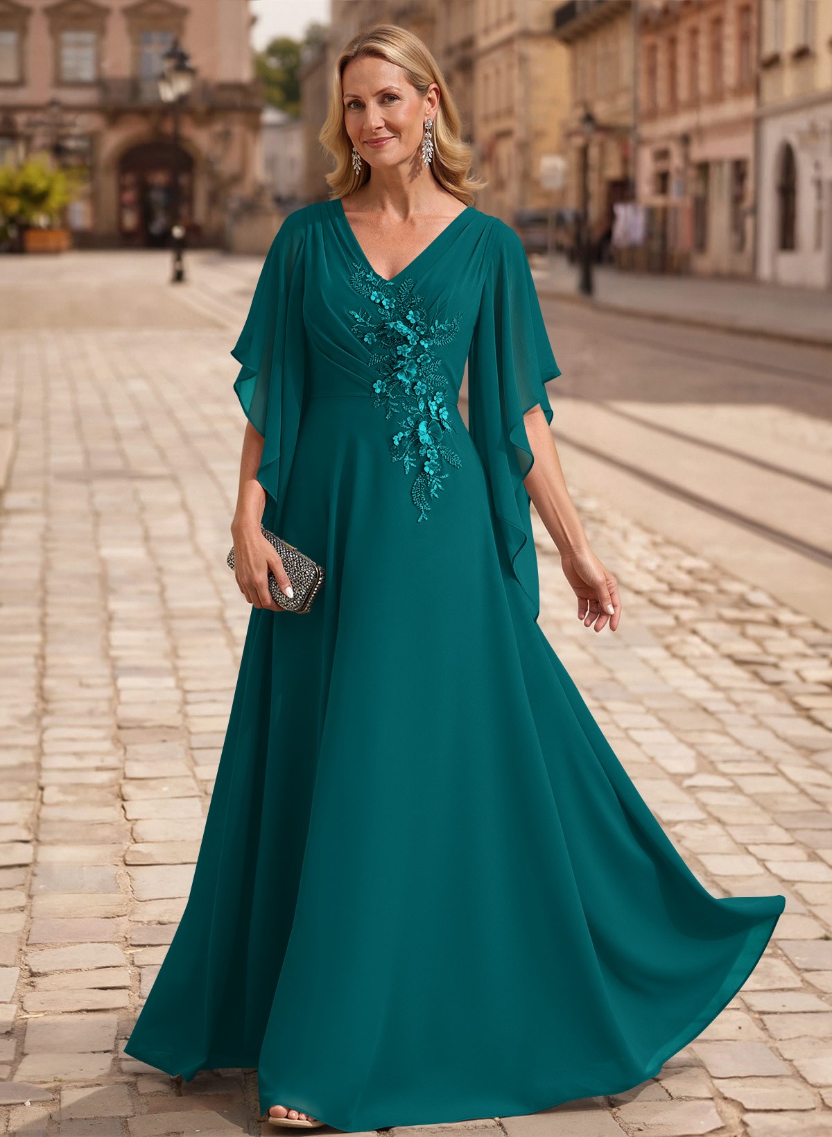 A-Line V-Neck 1/2 Sleeves Floor-Length Chiffon Mother Of The Bride Dresses With Appliques Lace