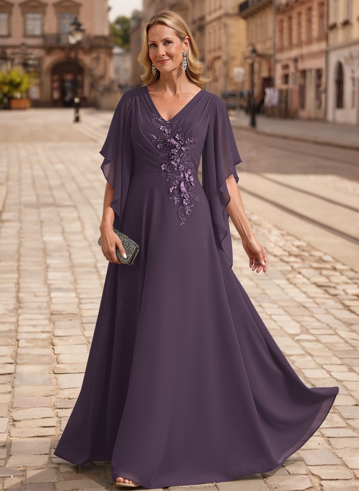 A-Line V-Neck 1/2 Sleeves Floor-Length Chiffon Mother Of The Bride Dresses With Appliques Lace