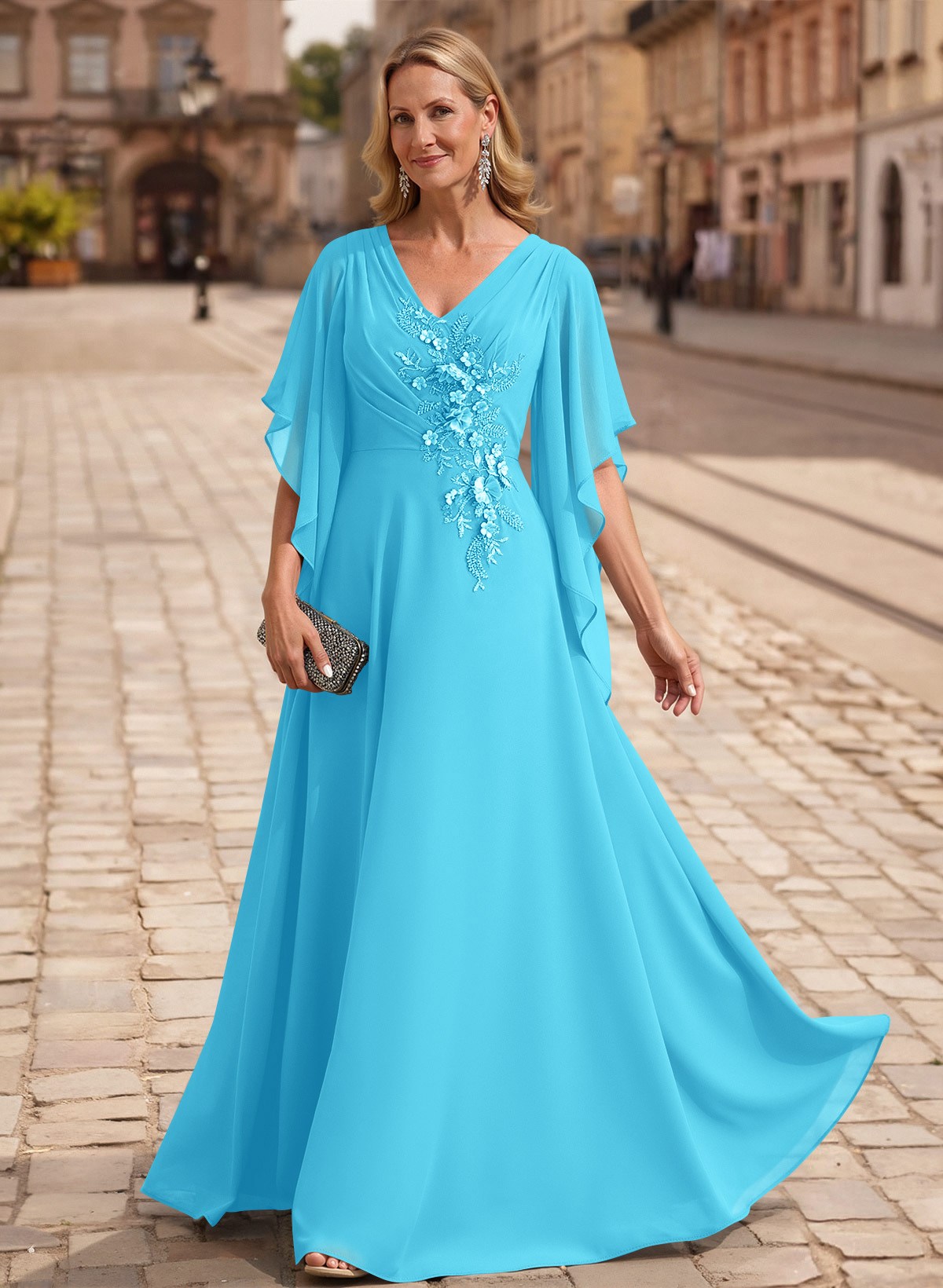 A-Line V-Neck 1/2 Sleeves Floor-Length Chiffon Mother Of The Bride Dresses With Appliques Lace