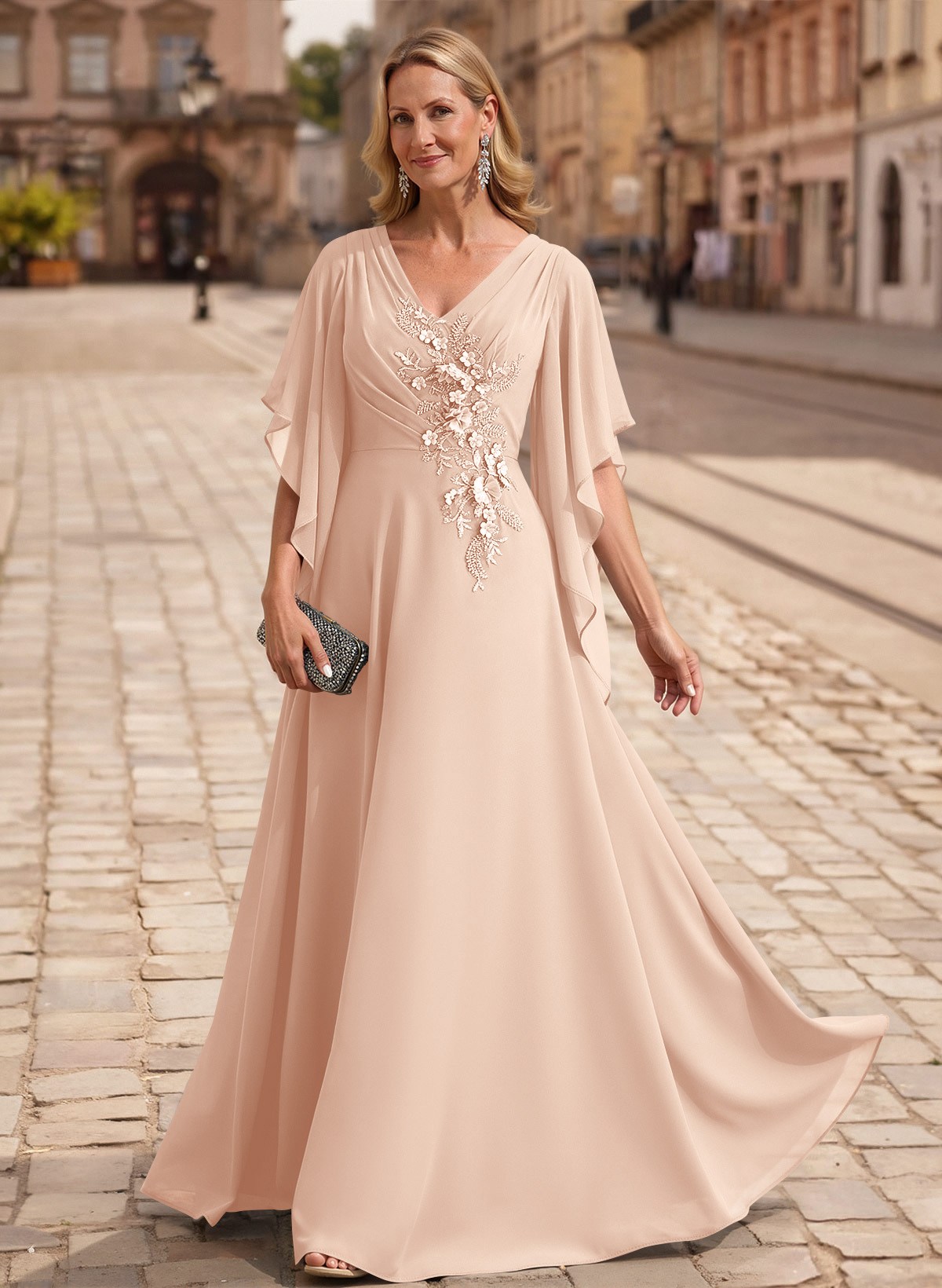 A-Line V-Neck 1/2 Sleeves Floor-Length Chiffon Mother Of The Bride Dresses With Appliques Lace