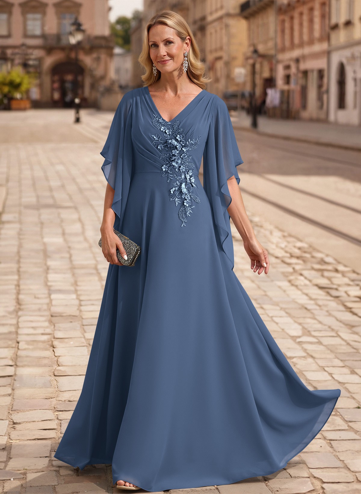 A-Line V-Neck 1/2 Sleeves Floor-Length Chiffon Mother Of The Bride Dresses With Appliques Lace