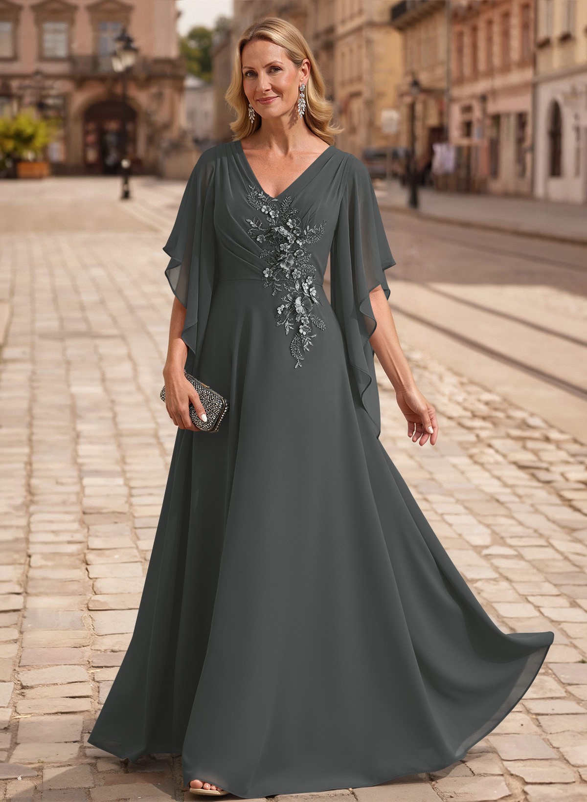 A-Line V-Neck 1/2 Sleeves Floor-Length Chiffon Mother Of The Bride Dresses With Appliques Lace