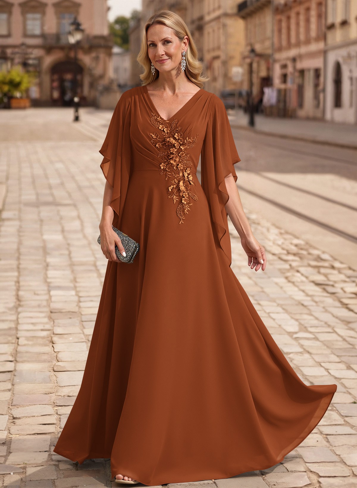 A-Line V-Neck 1/2 Sleeves Floor-Length Chiffon Mother Of The Bride Dresses With Appliques Lace