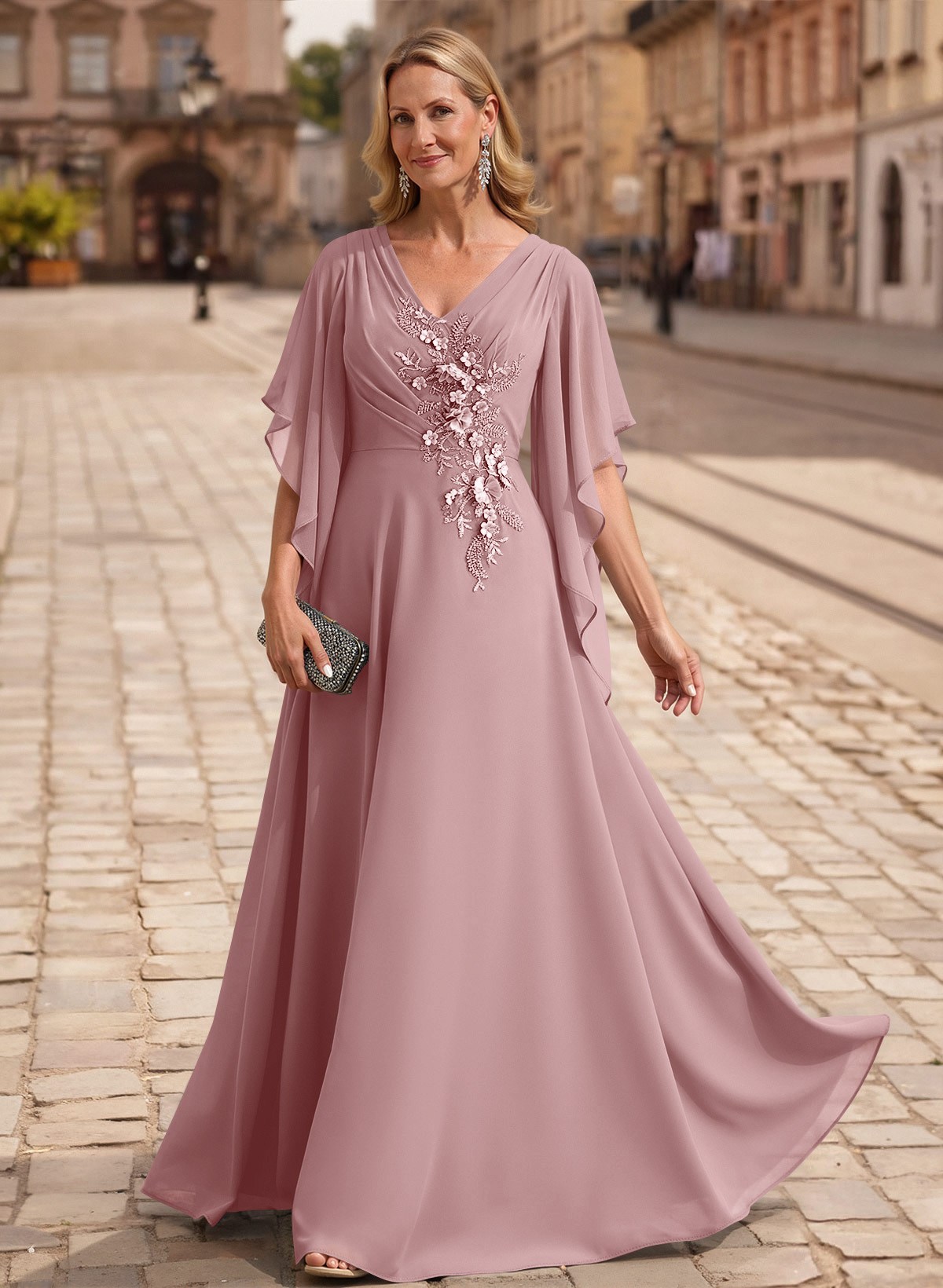 A-Line V-Neck 1/2 Sleeves Floor-Length Chiffon Mother Of The Bride Dresses With Appliques Lace