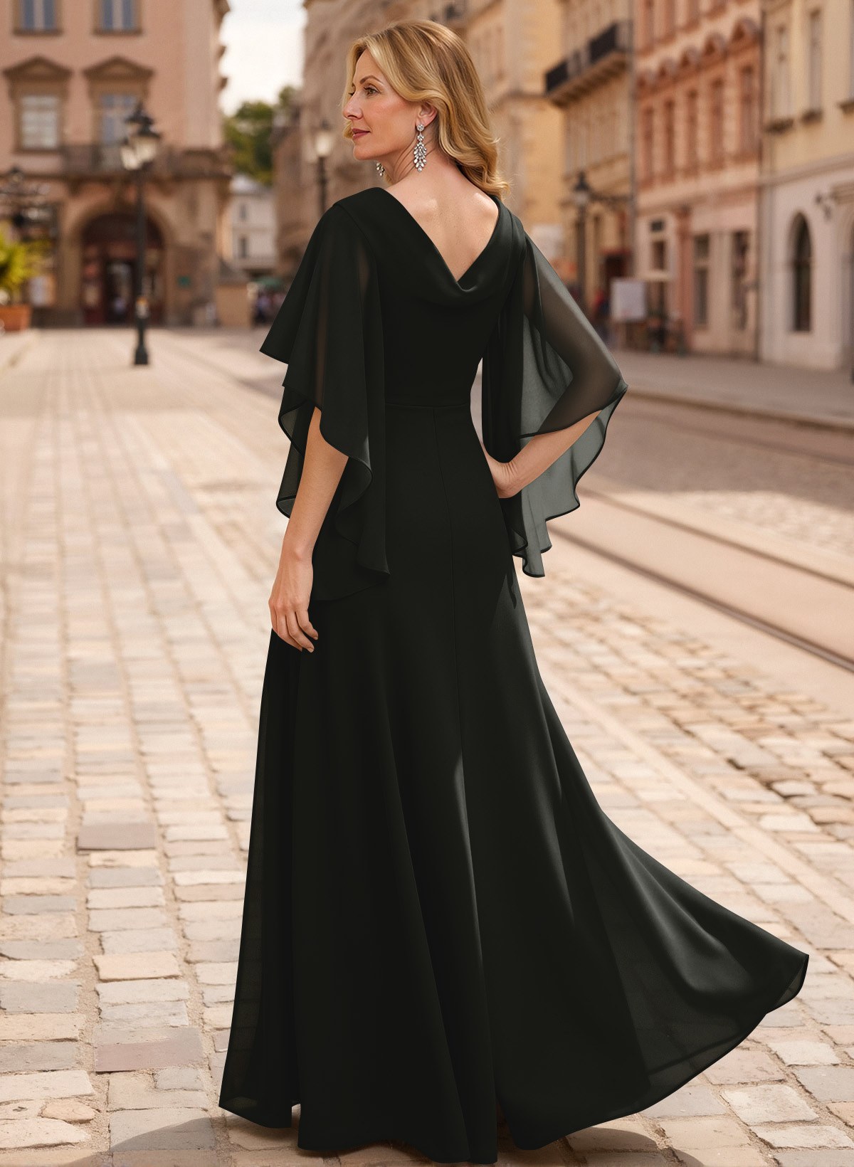 A-Line V-Neck 1/2 Sleeves Floor-Length Chiffon Mother Of The Bride Dresses With Appliques Lace