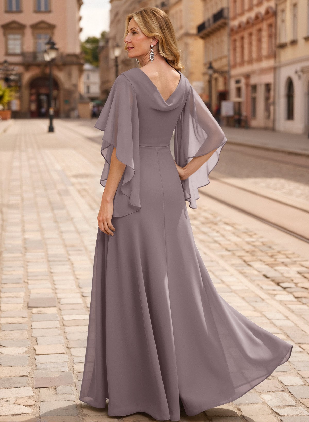 A-Line V-Neck 1/2 Sleeves Floor-Length Chiffon Mother Of The Bride Dresses With Appliques Lace