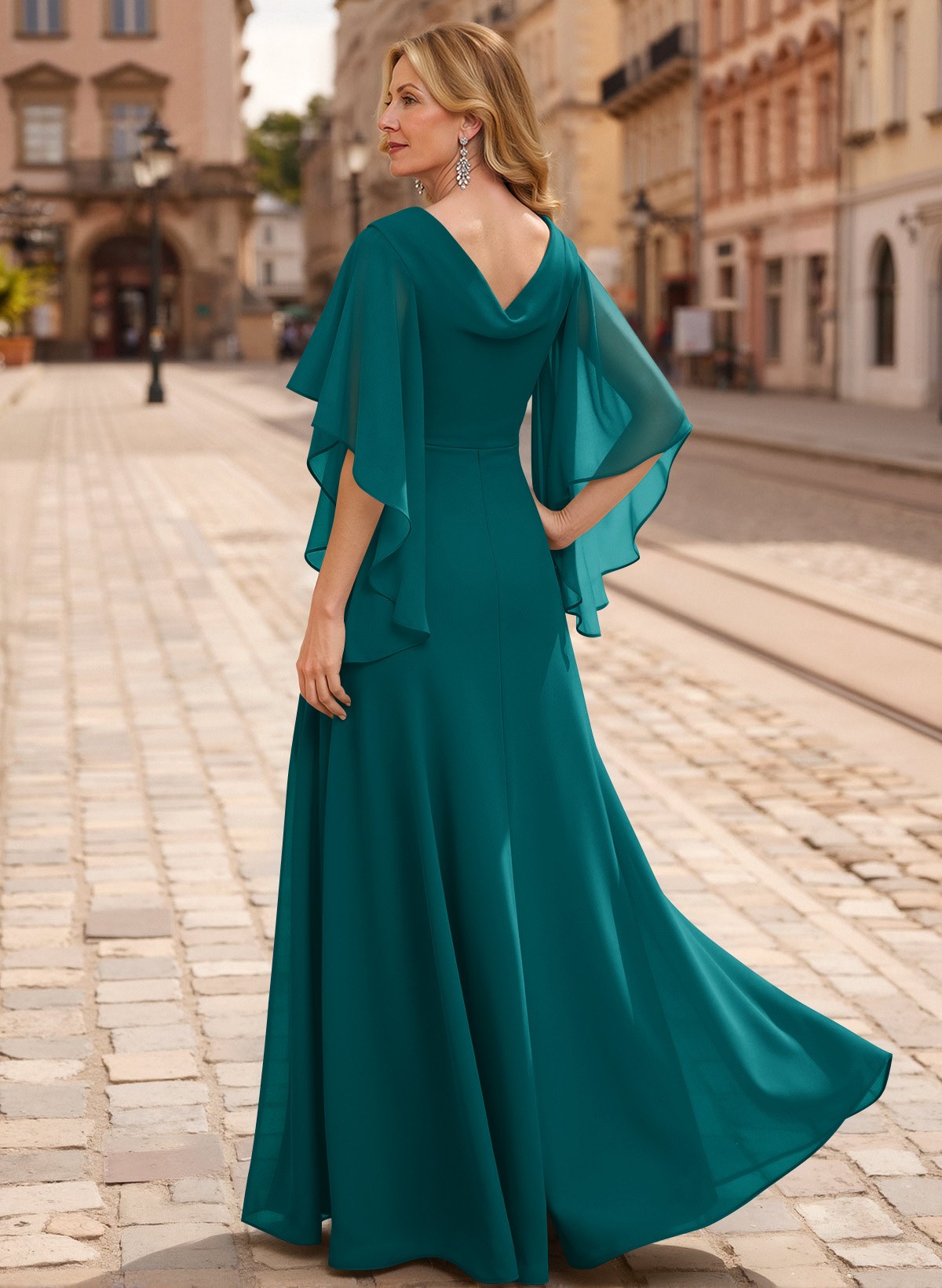 A-Line V-Neck 1/2 Sleeves Floor-Length Chiffon Mother Of The Bride Dresses With Appliques Lace