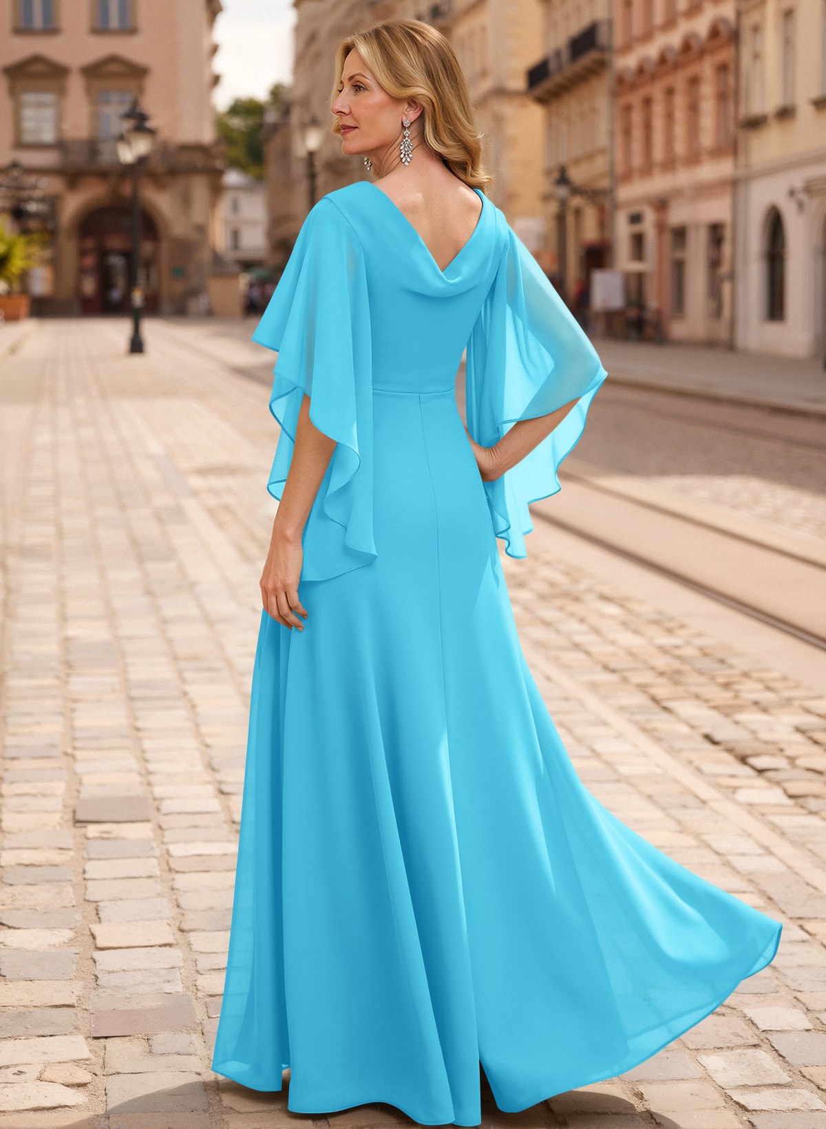 A-Line V-Neck 1/2 Sleeves Floor-Length Chiffon Mother Of The Bride Dresses With Appliques Lace