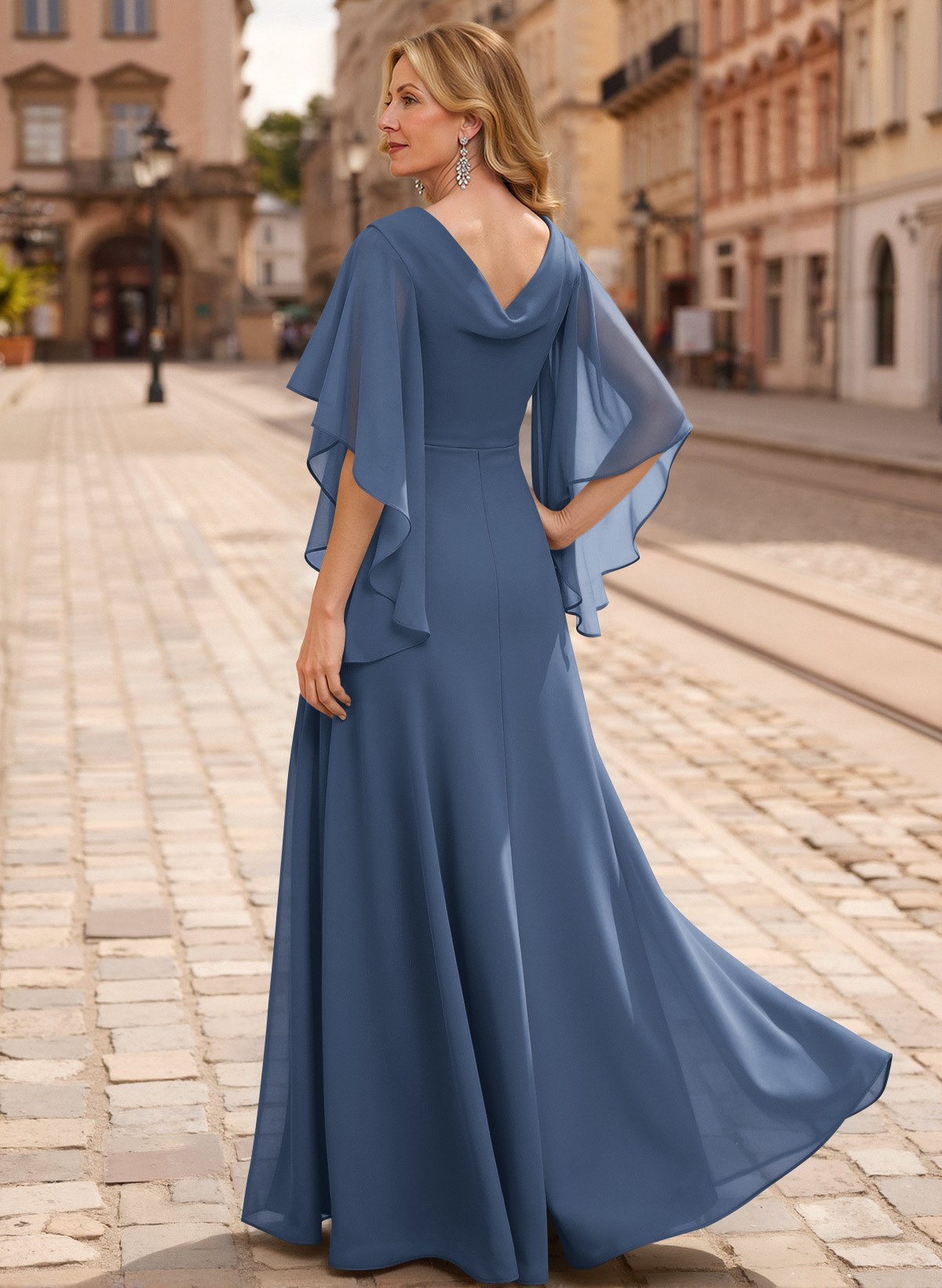 A-Line V-Neck 1/2 Sleeves Floor-Length Chiffon Mother Of The Bride Dresses With Appliques Lace