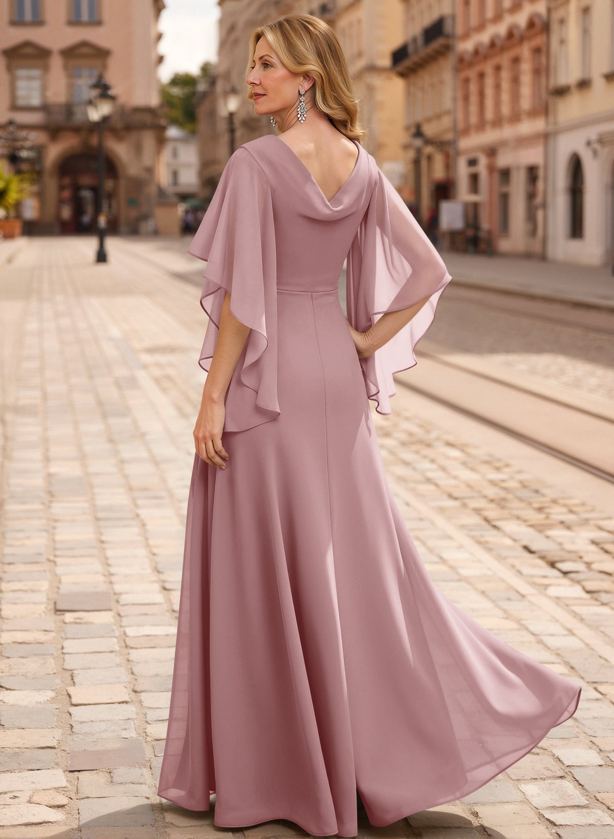 A-Line V-Neck 1/2 Sleeves Floor-Length Chiffon Mother Of The Bride Dresses With Appliques Lace