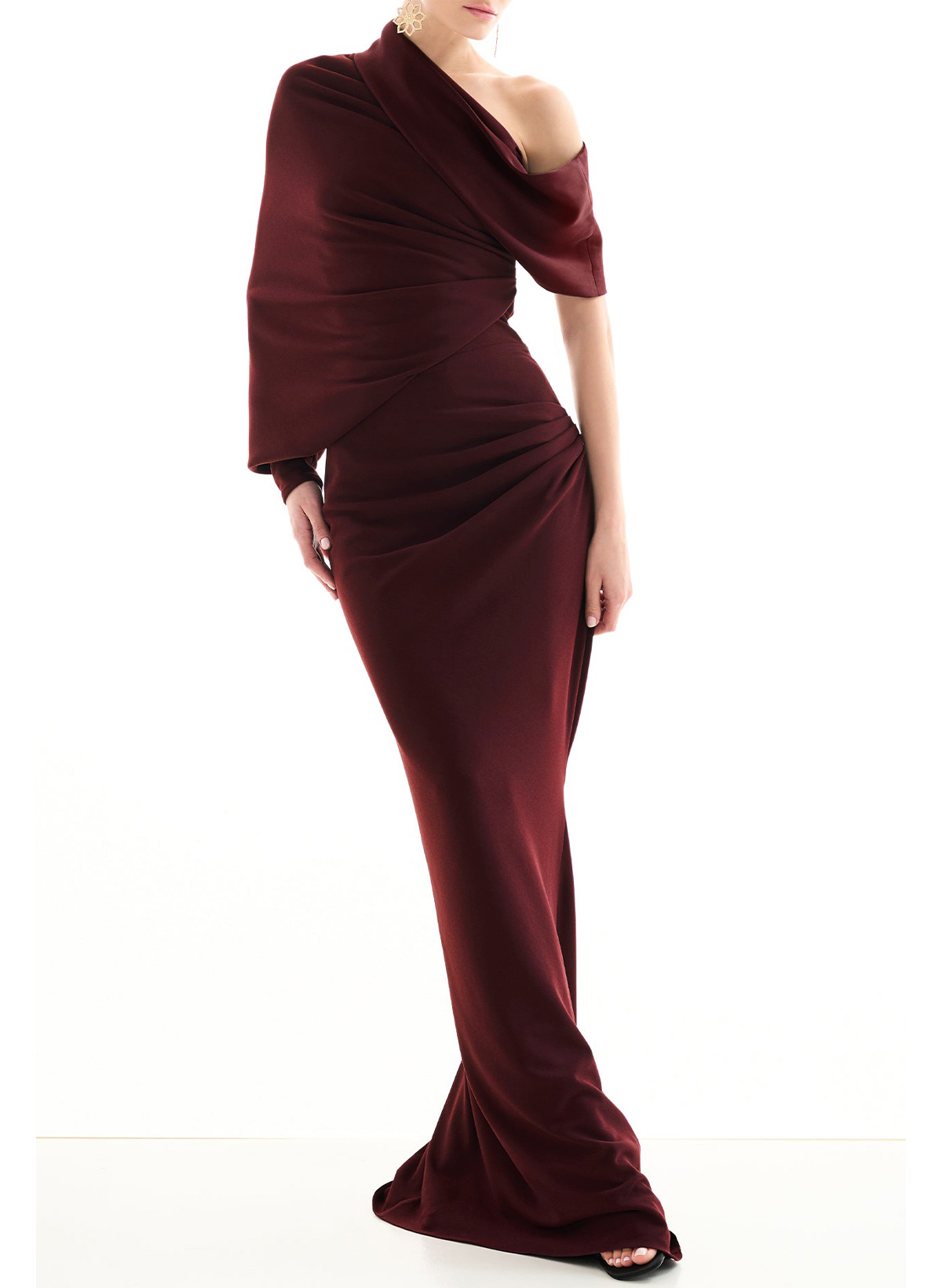 Elegant Sheath/Column Asymmetrical Long Sleeves Sweep Train Elastic Satin Evening Dresses in Burgundy, US2