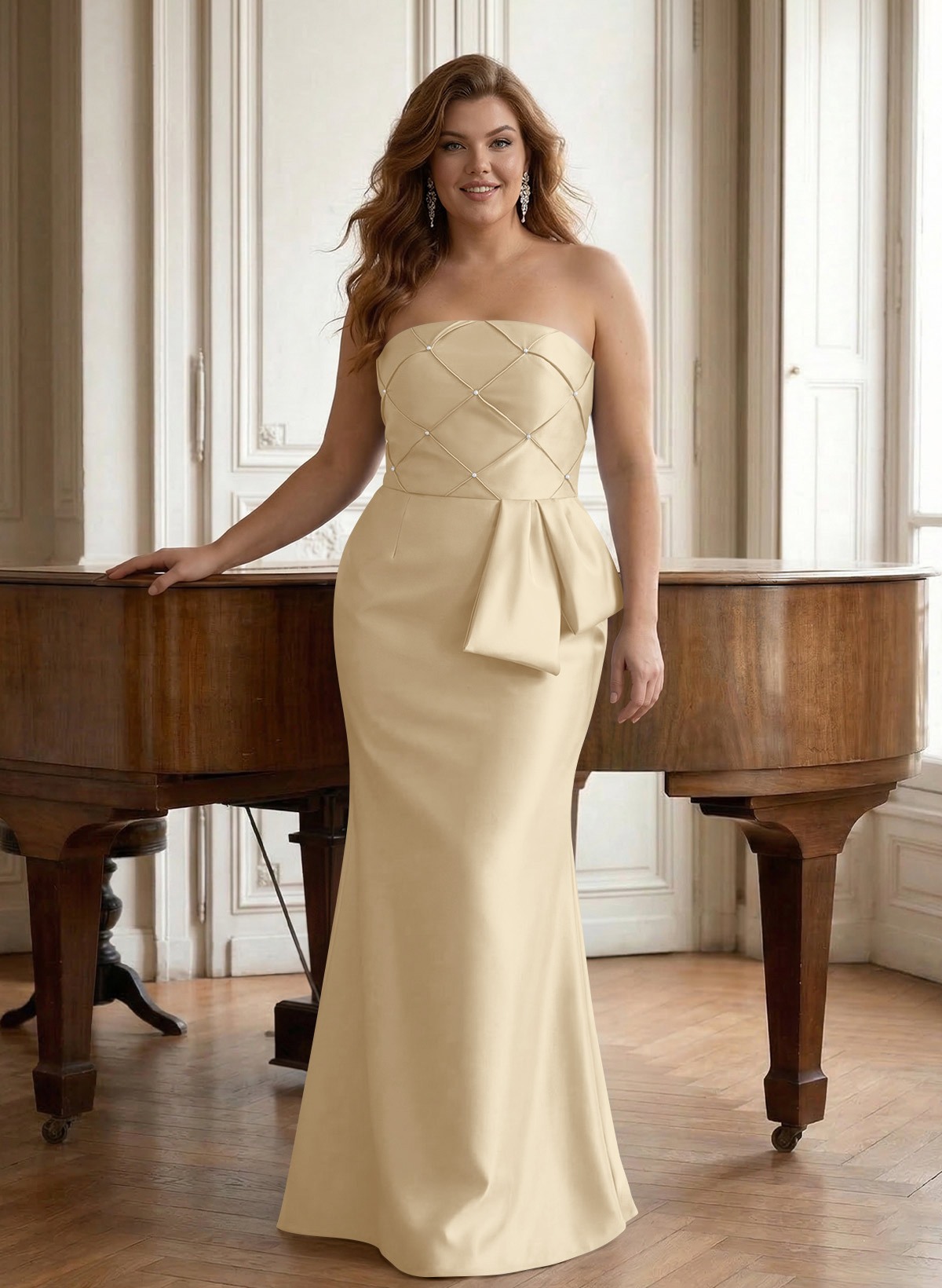 Flattering Beaded Strapless Ruched Waist Satin Mother Of The Bride Dresses, product image 4