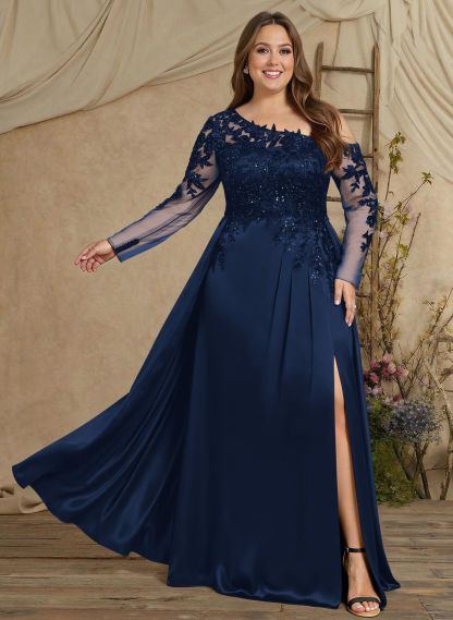 A-Line Asymmetrical Long Sleeves Floor-Length Lace/Satin Mother Of The Bride Dresses With High Split