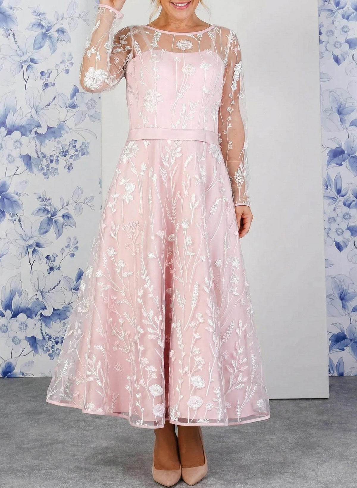 Elegant Scoop Neck/Illusion Neck Long Sleeves A-Line Ankle-Length Satin/Lace Evening Dresses, supplier image 1