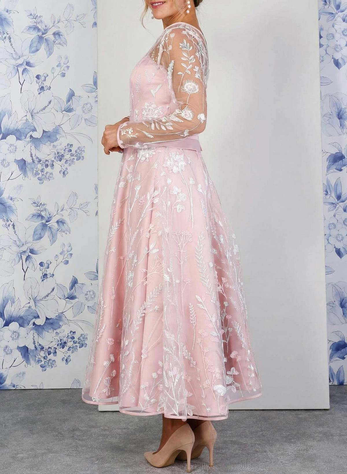 Elegant Scoop Neck/Illusion Neck Long Sleeves A-Line Ankle-Length Satin/Lace Evening Dresses, supplier image 2