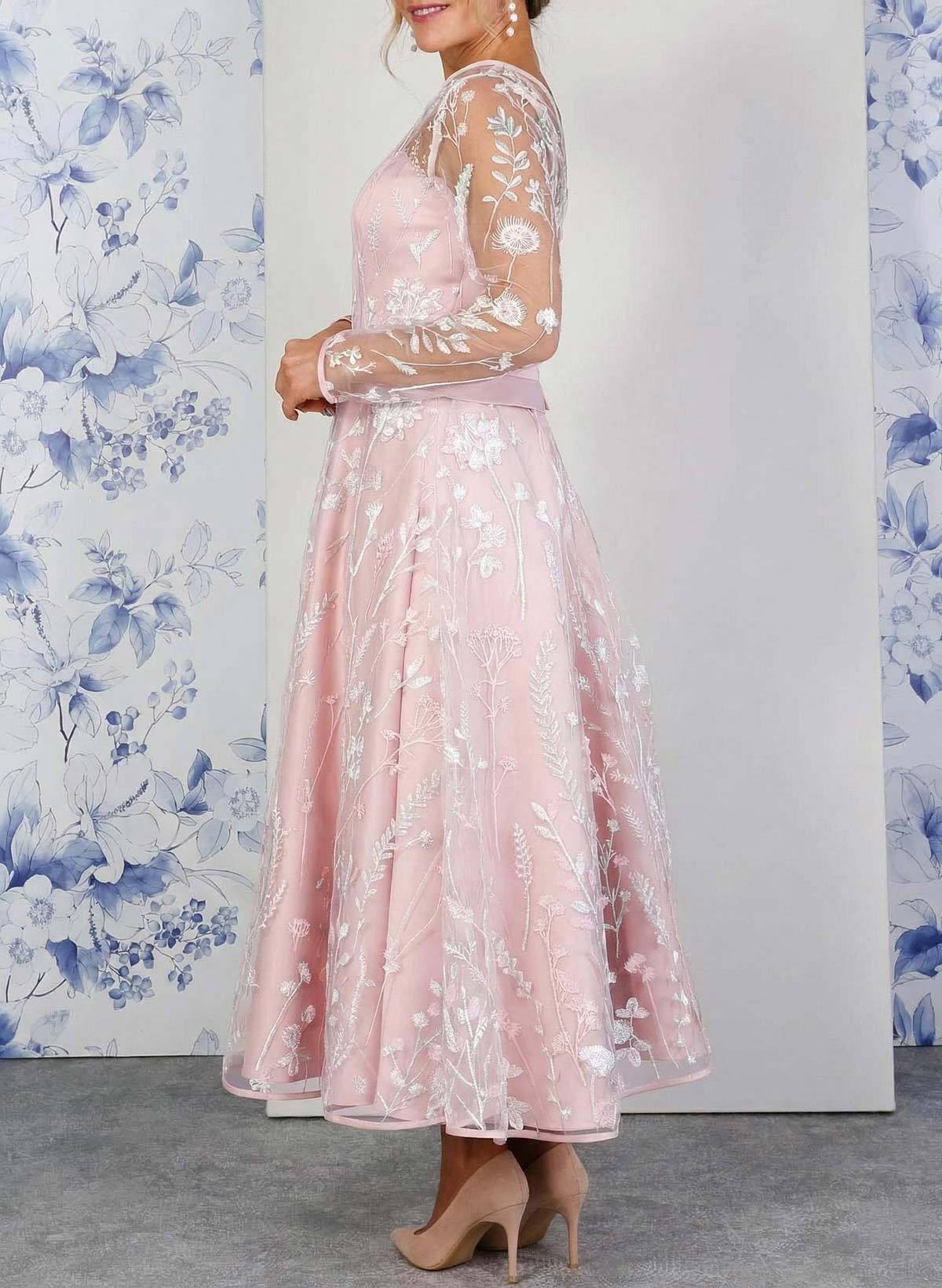 Elegant Scoop Neck/Illusion Neck Long Sleeves A-Line Ankle-Length Satin/Lace Evening Dresses, supplier image 2