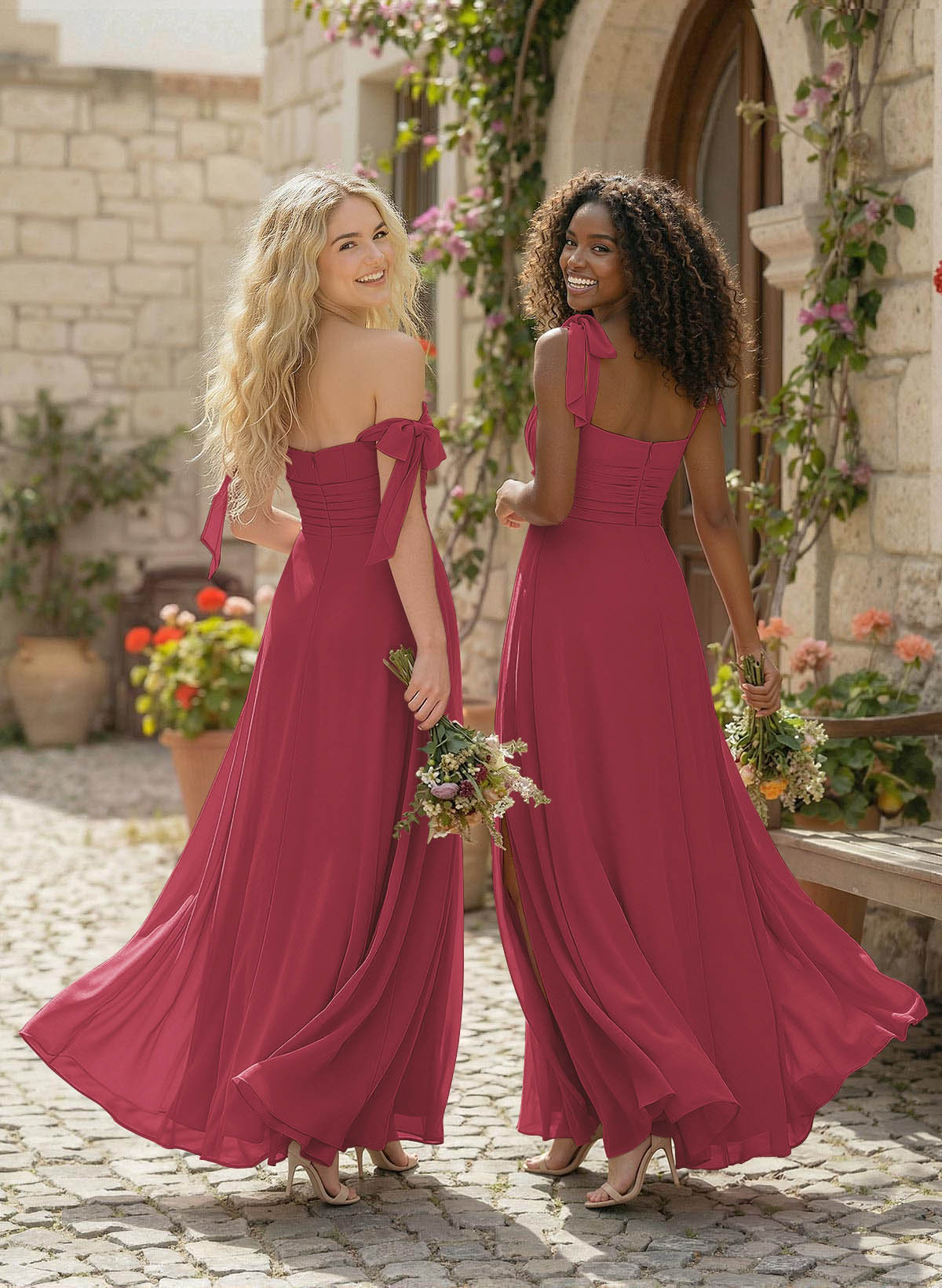 A-Line Square Neckline Sleeveless Floor-Length Chiffon Bridesmaid Dresses With Split Front, product image 62