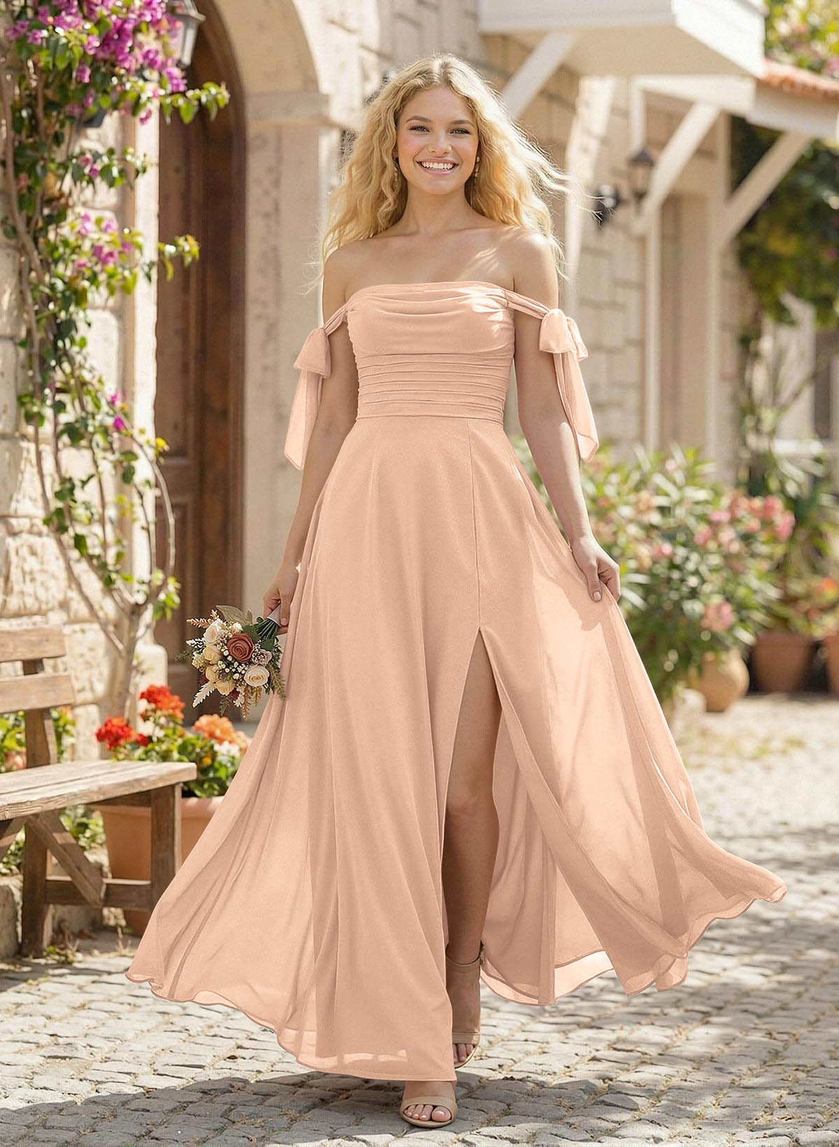 A-Line Square Neckline Sleeveless Floor-Length Chiffon Bridesmaid Dresses With Split Front, product image 251