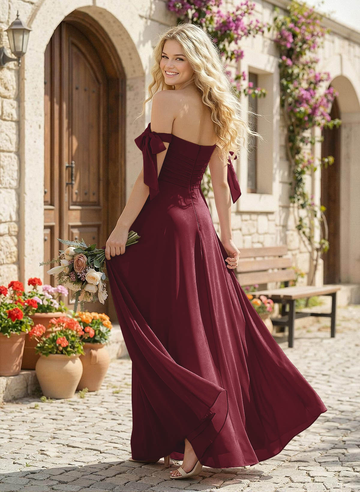 A-Line Square Neckline Sleeveless Floor-Length Chiffon Bridesmaid Dresses With Split Front, product image 60