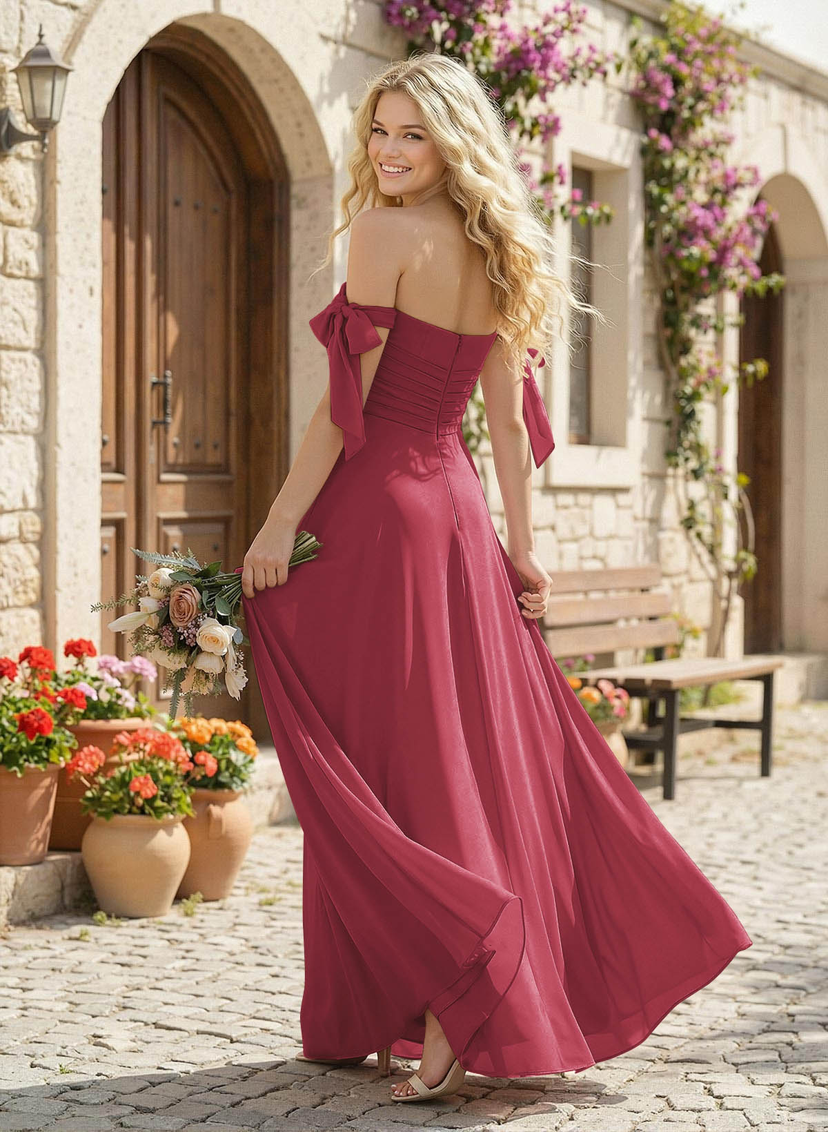 A-Line Square Neckline Sleeveless Floor-Length Chiffon Bridesmaid Dresses With Split Front, product image 64