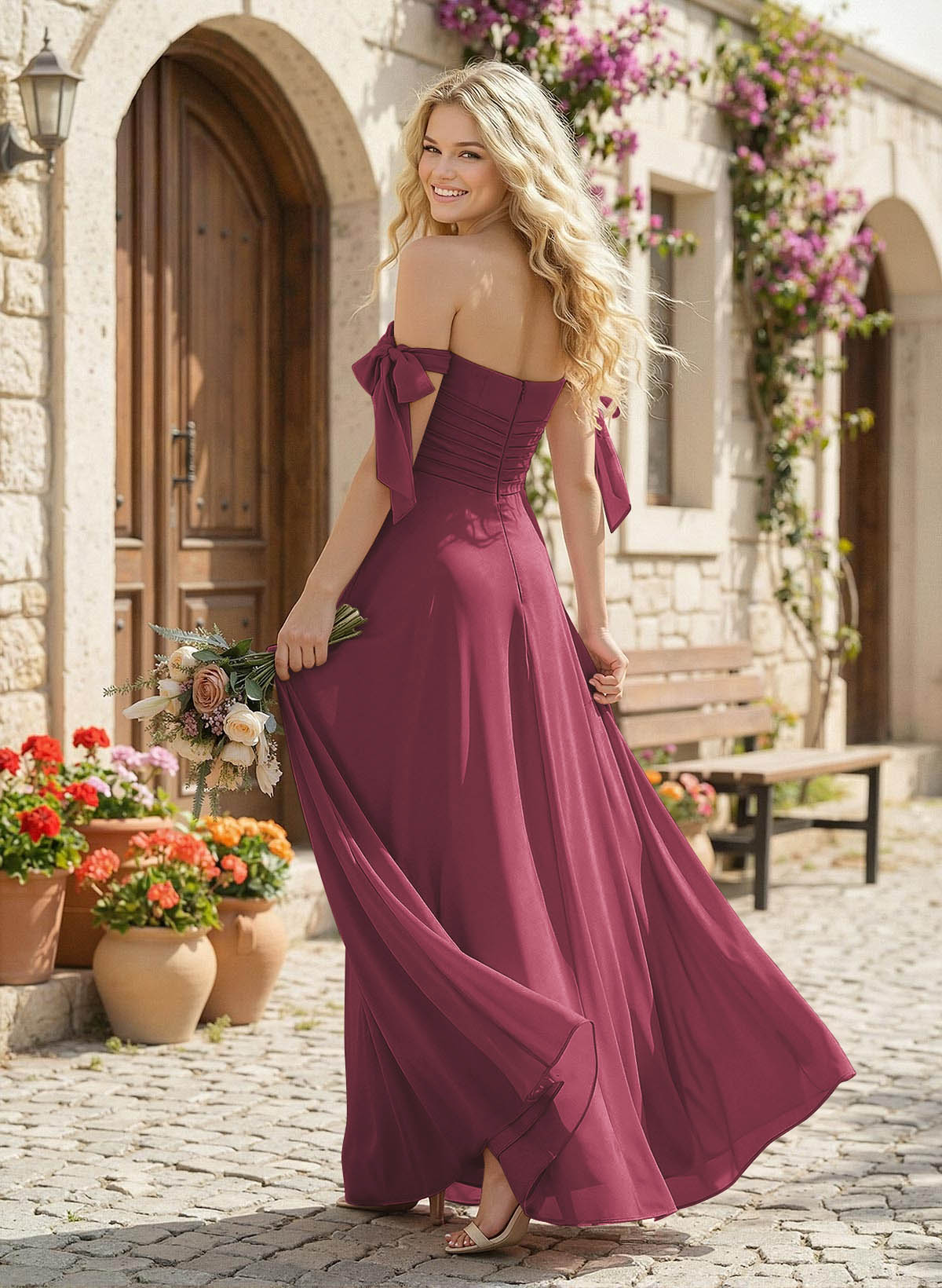 A-Line Square Neckline Sleeveless Floor-Length Chiffon Bridesmaid Dresses With Split Front, product image 68