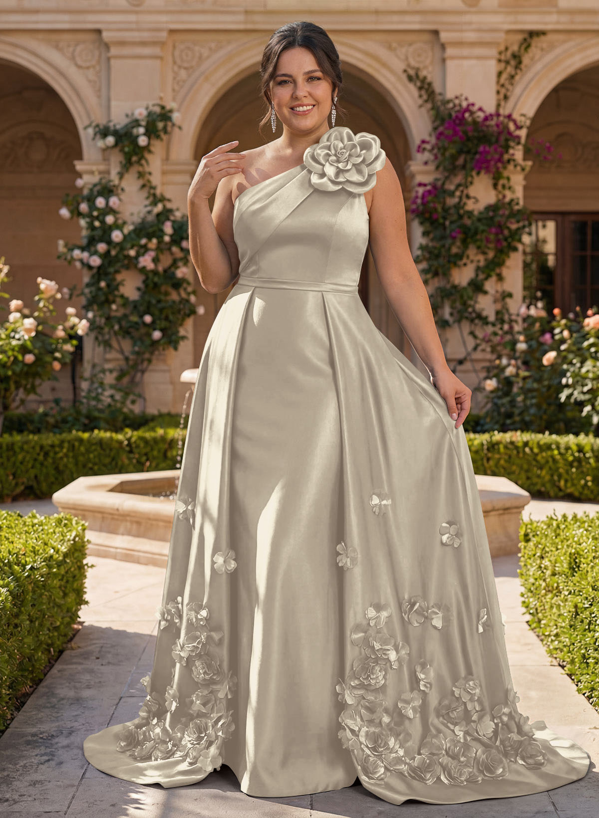 One-Shoulder Detachable Sweep Train Mother Of The Bride Dresses With Flower