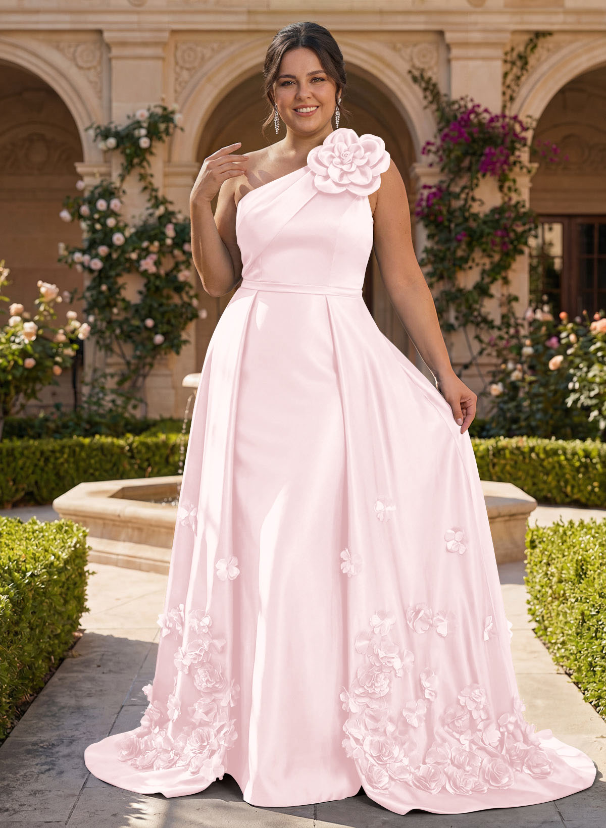 One-Shoulder Detachable Sweep Train Mother Of The Bride Dresses With Flower
