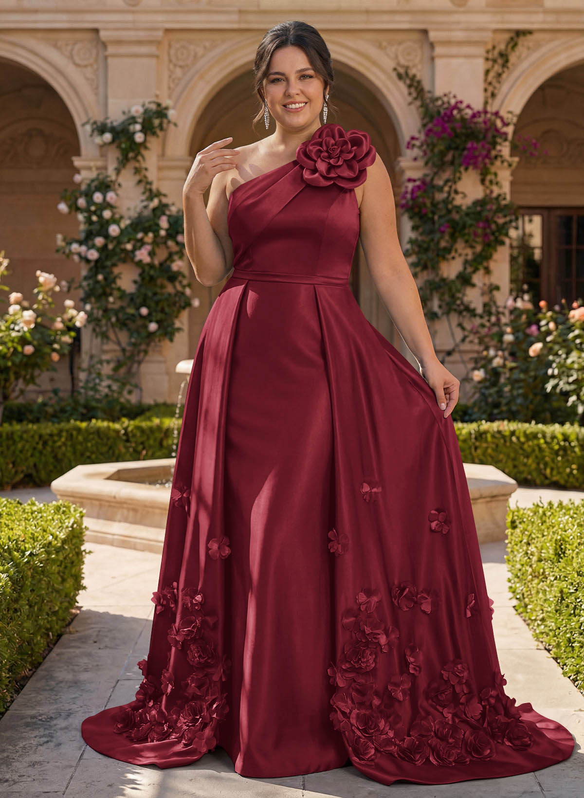 One-Shoulder Detachable Sweep Train Mother Of The Bride Dresses With Flower