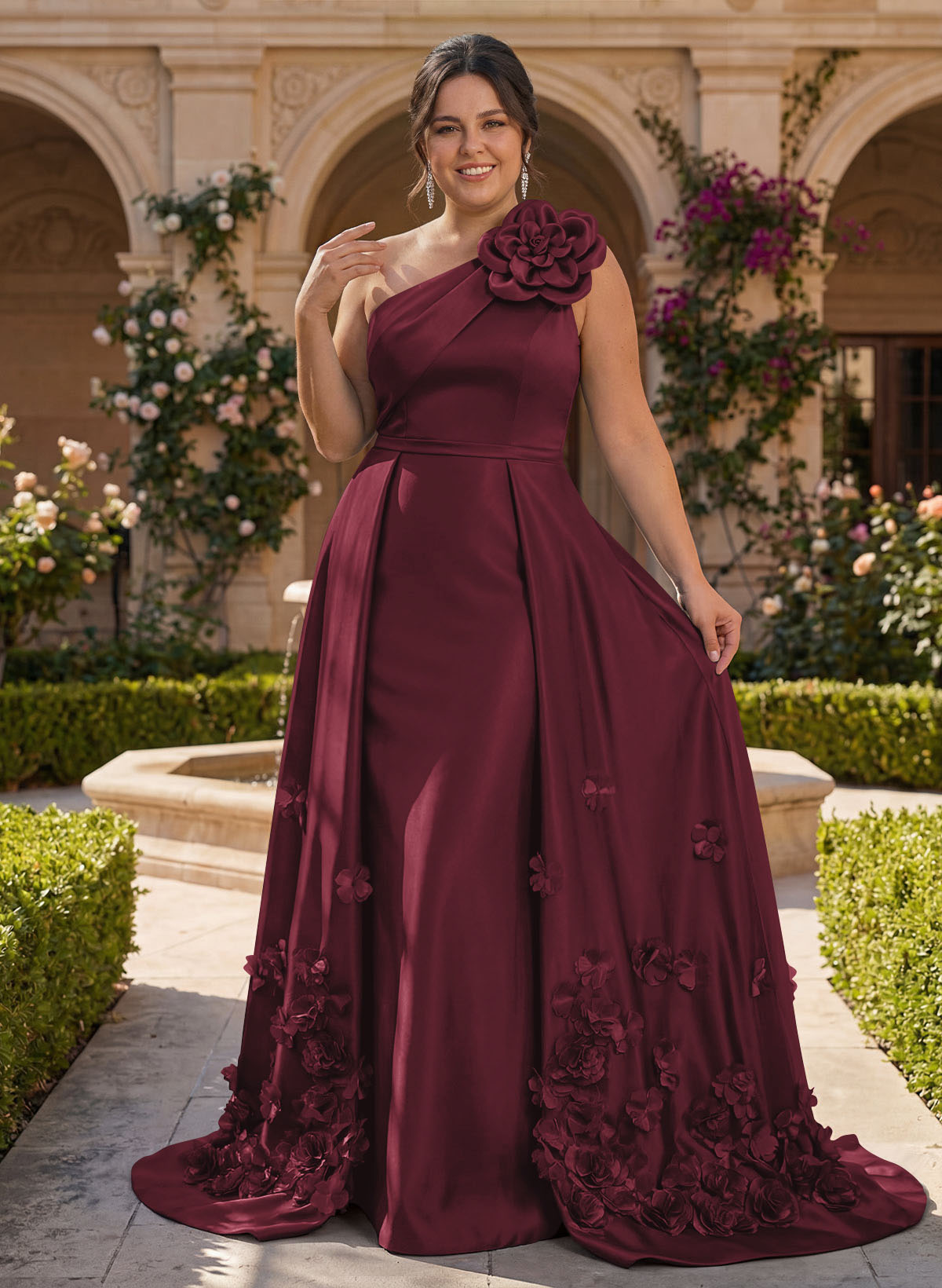One-Shoulder Detachable Sweep Train Mother Of The Bride Dresses With Flower
