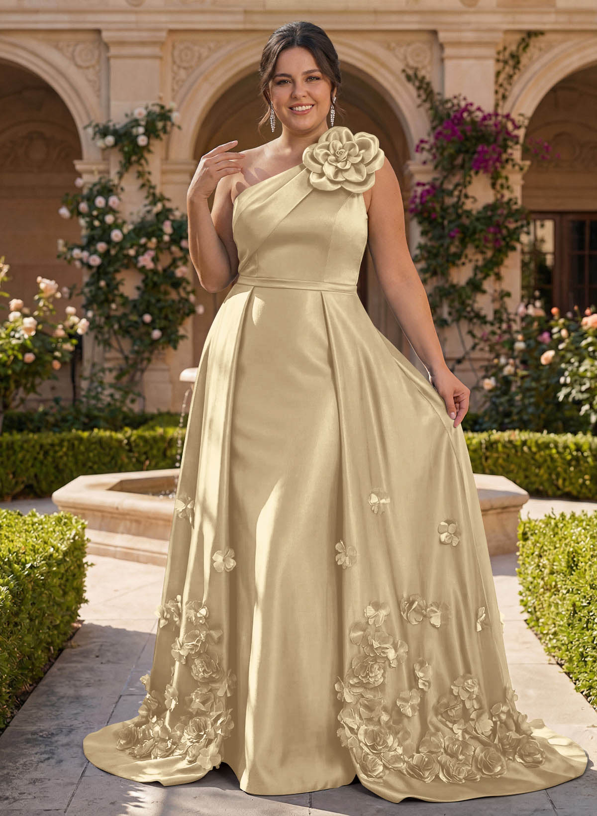 One-Shoulder Detachable Sweep Train Mother Of The Bride Dresses With Flower