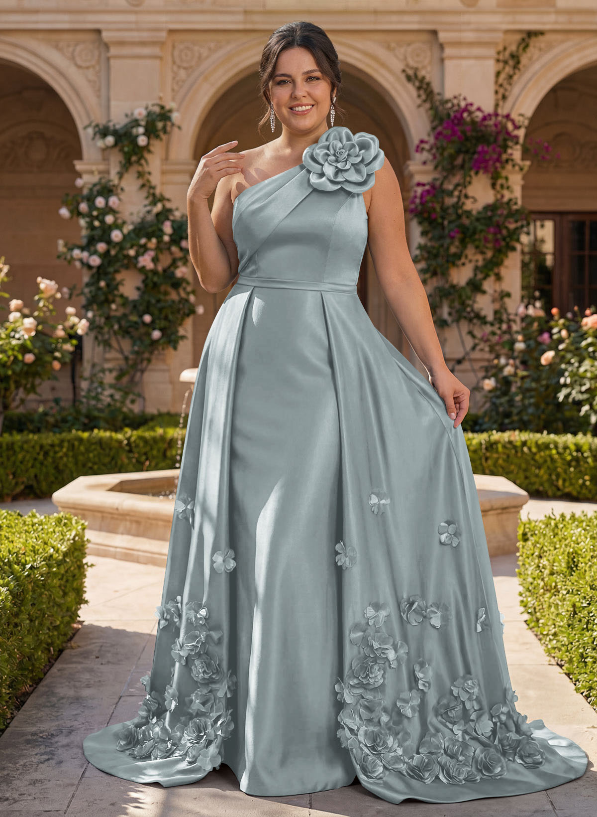 One-Shoulder Detachable Sweep Train Mother Of The Bride Dresses With Flower