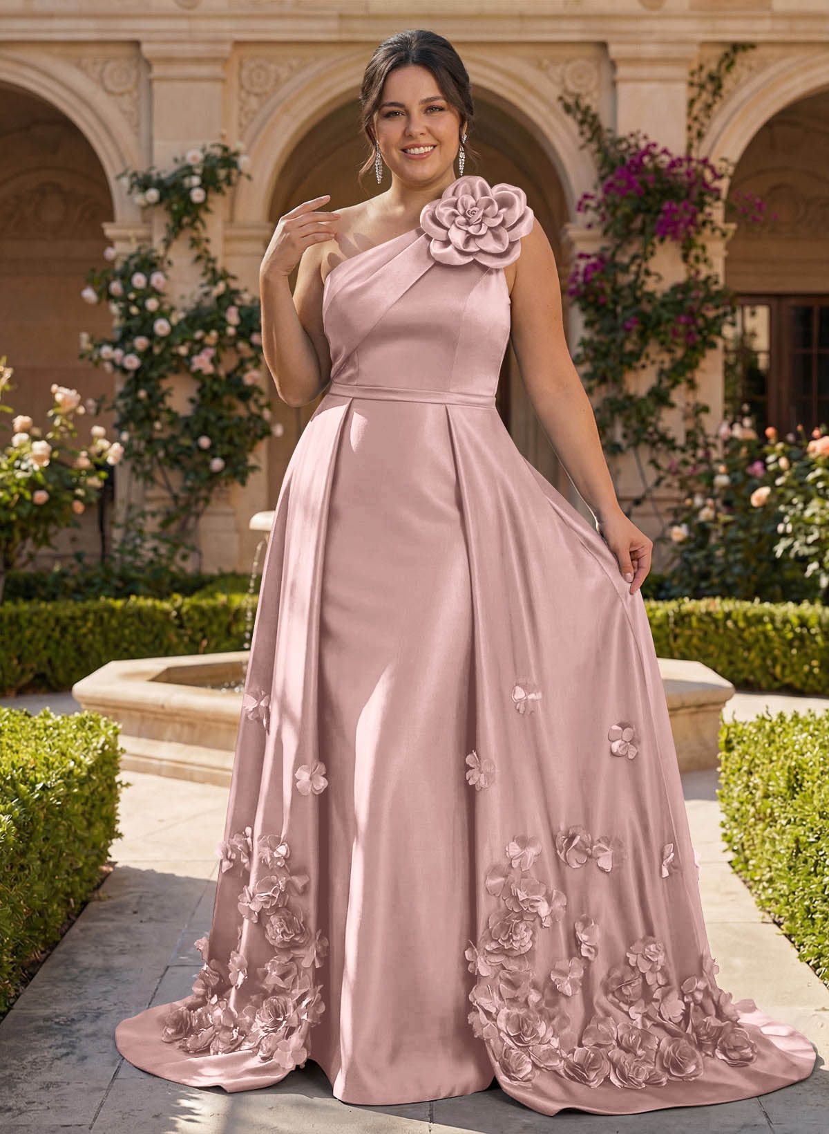 One-Shoulder Detachable Sweep Train Mother Of The Bride Dresses With Flower