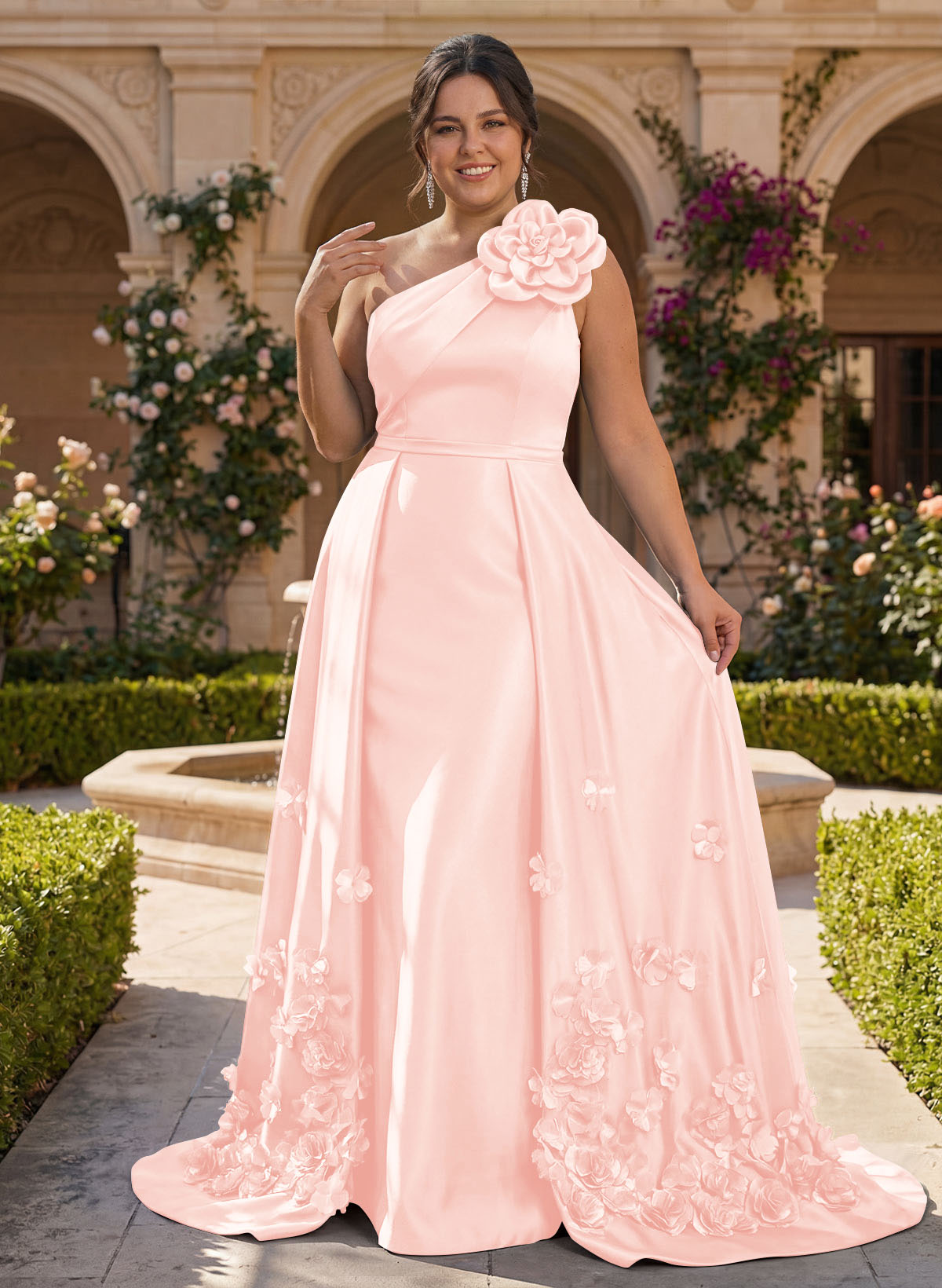 One-Shoulder Detachable Sweep Train Mother Of The Bride Dresses With Flower