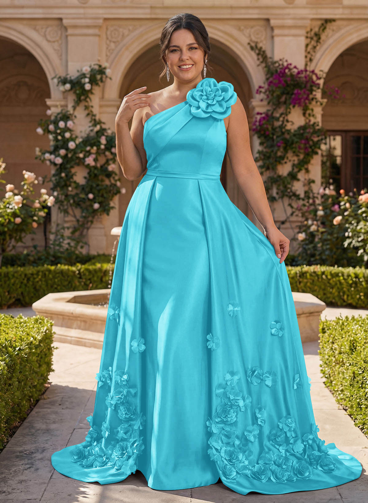 One-Shoulder Detachable Sweep Train Mother Of The Bride Dresses With Flower
