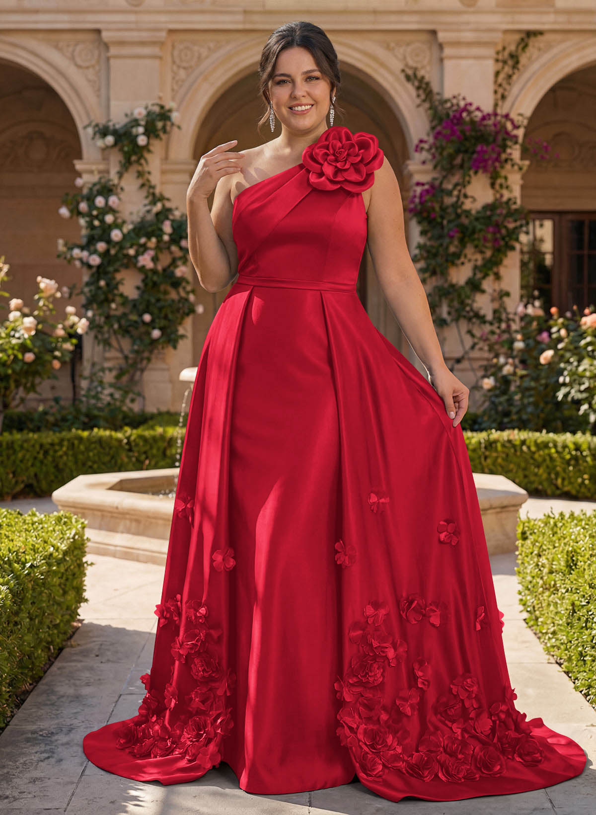 One-Shoulder Detachable Sweep Train Mother Of The Bride Dresses With Flower