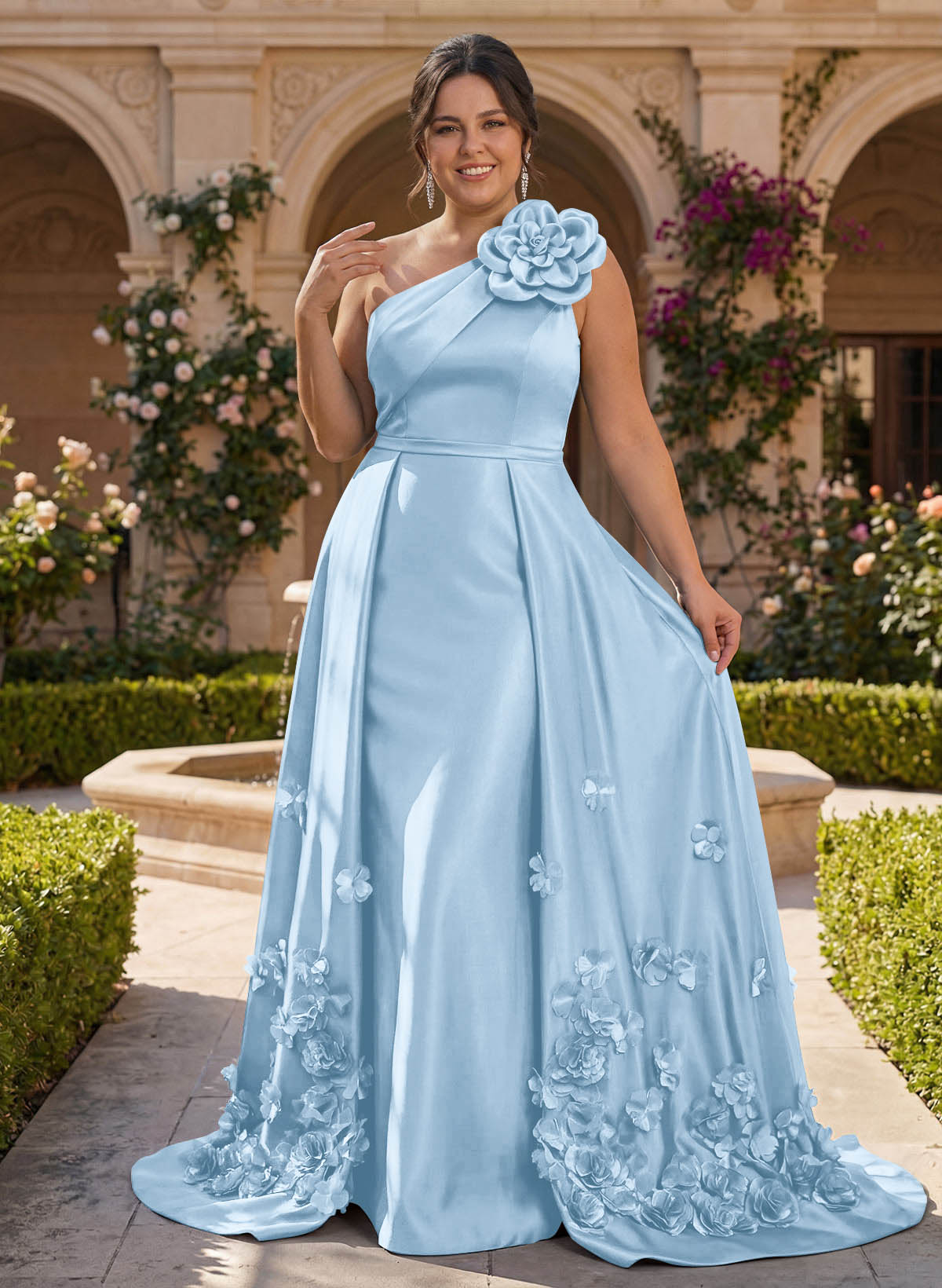 One-Shoulder Detachable Sweep Train Mother Of The Bride Dresses With Flower
