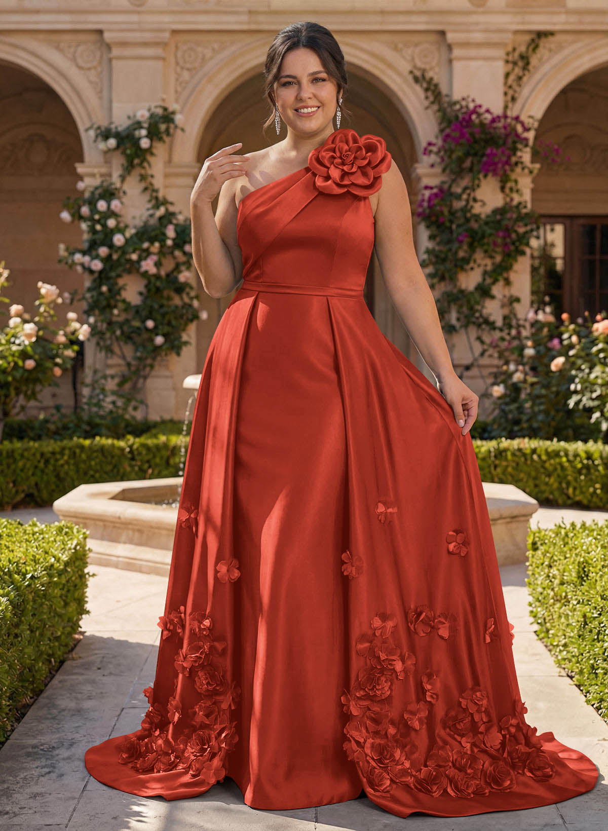 One-Shoulder Detachable Sweep Train Mother Of The Bride Dresses With Flower