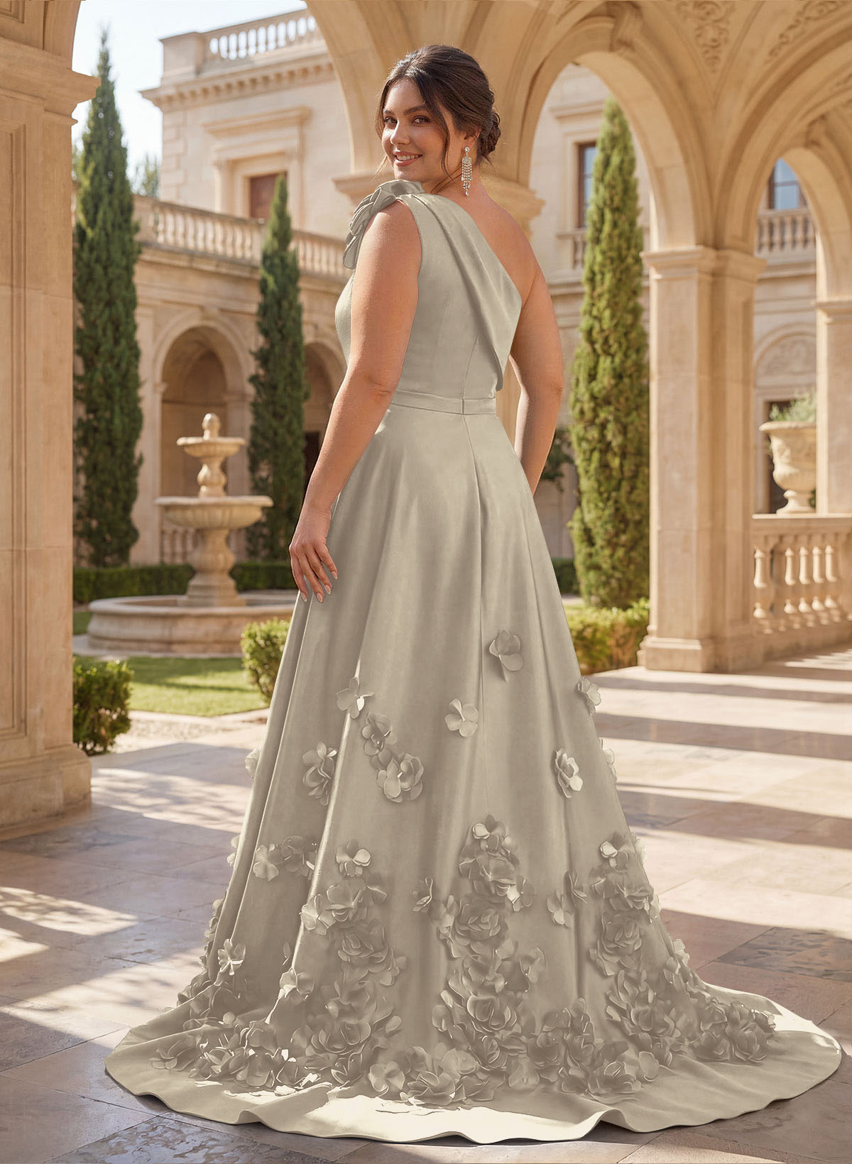 One-Shoulder Detachable Sweep Train Mother Of The Bride Dresses With Flower