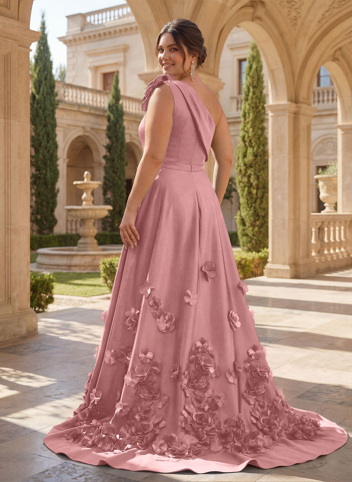 One-Shoulder Detachable Sweep Train Mother Of The Bride Dresses With Flower