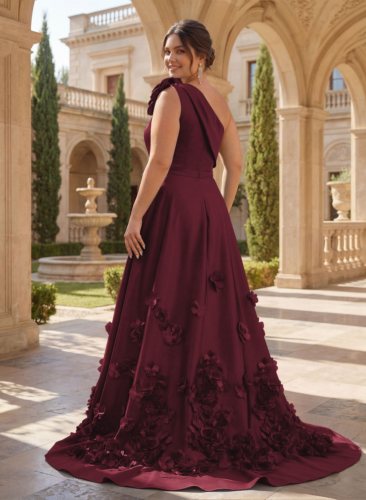 One-Shoulder Detachable Sweep Train Mother Of The Bride Dresses With Flower