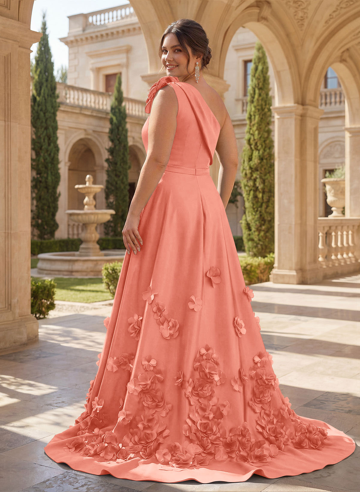 One-Shoulder Detachable Sweep Train Mother Of The Bride Dresses With Flower