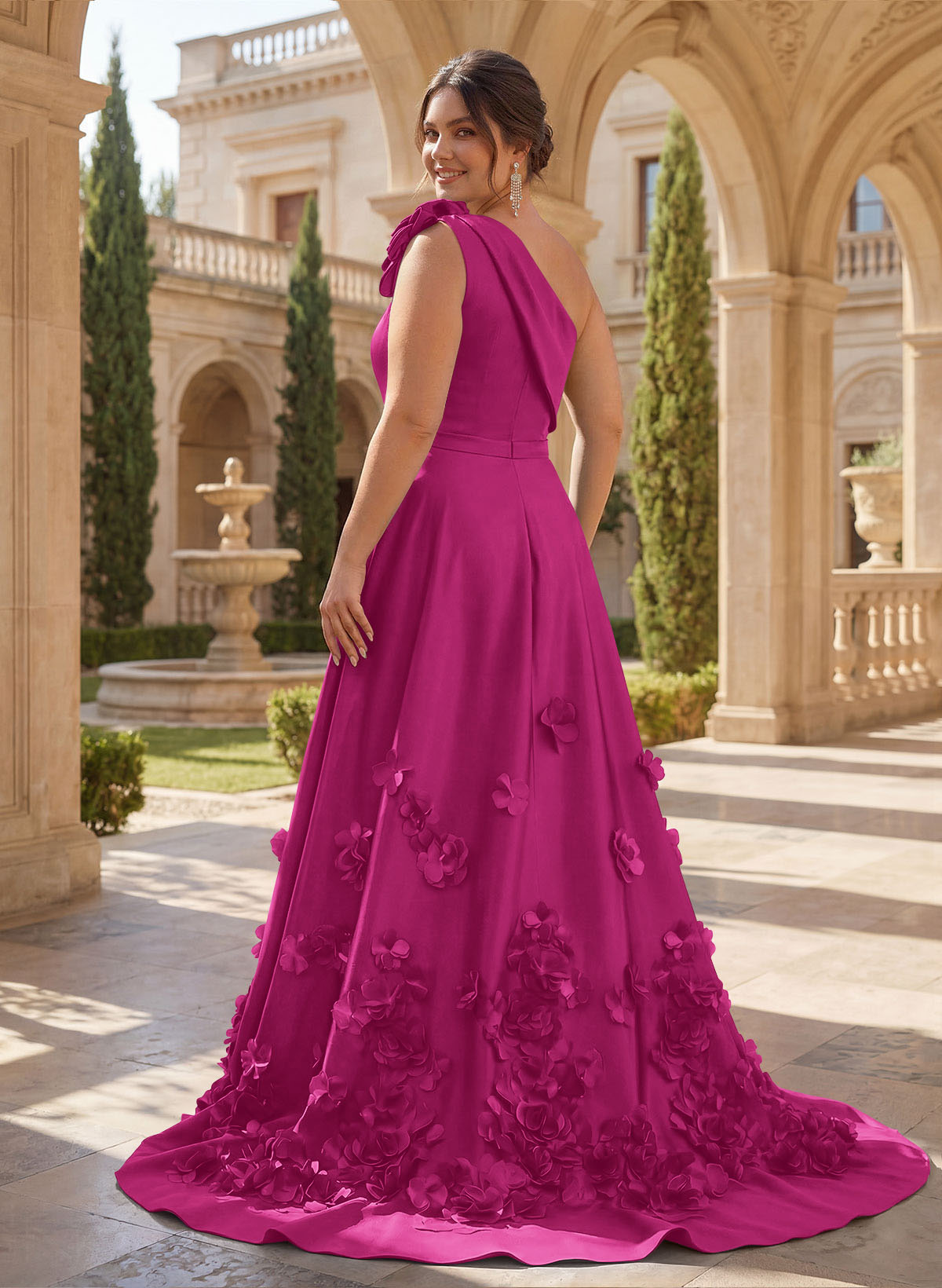 One-Shoulder Detachable Sweep Train Mother Of The Bride Dresses With Flower
