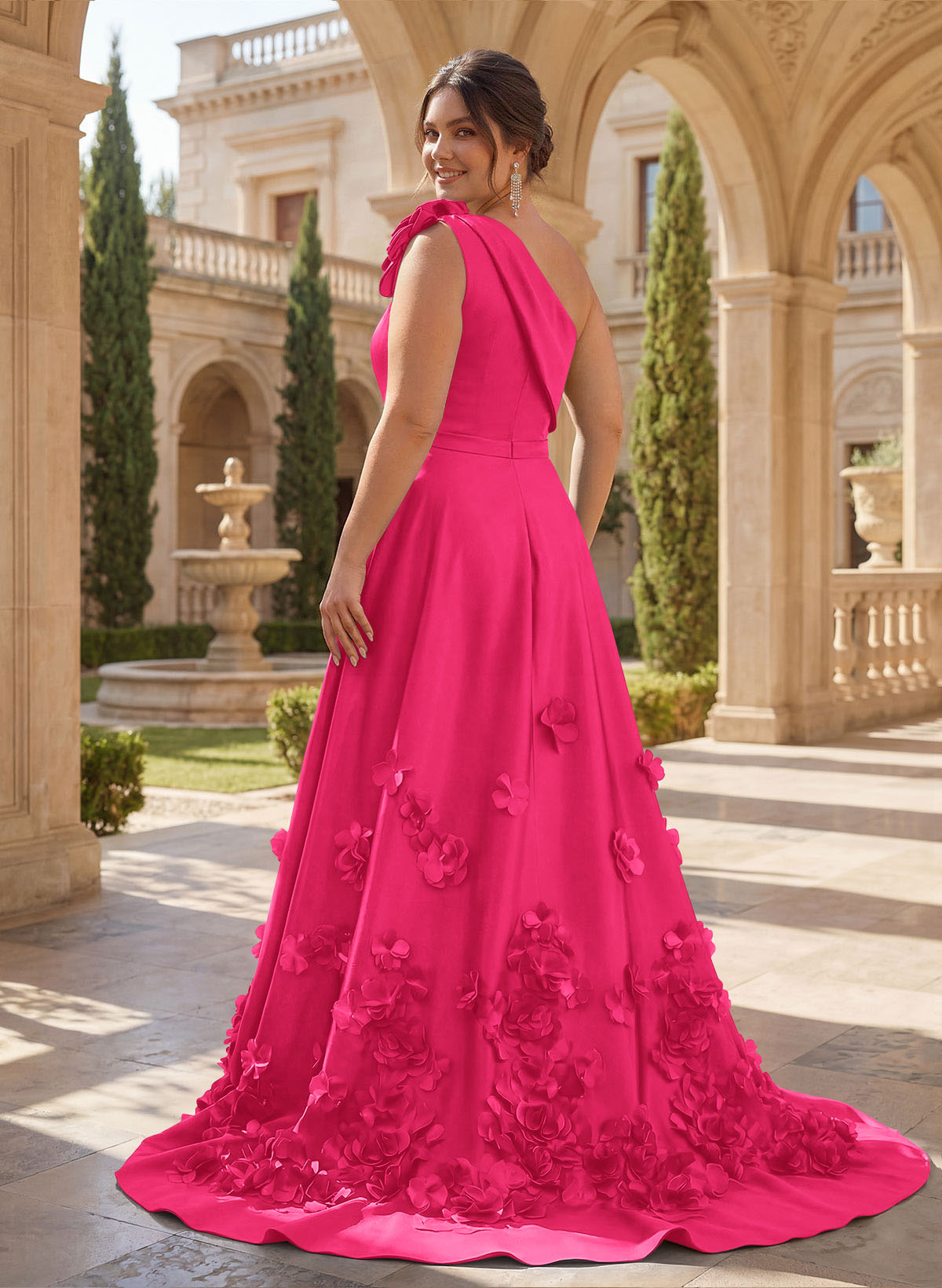 One-Shoulder Detachable Sweep Train Mother Of The Bride Dresses With Flower