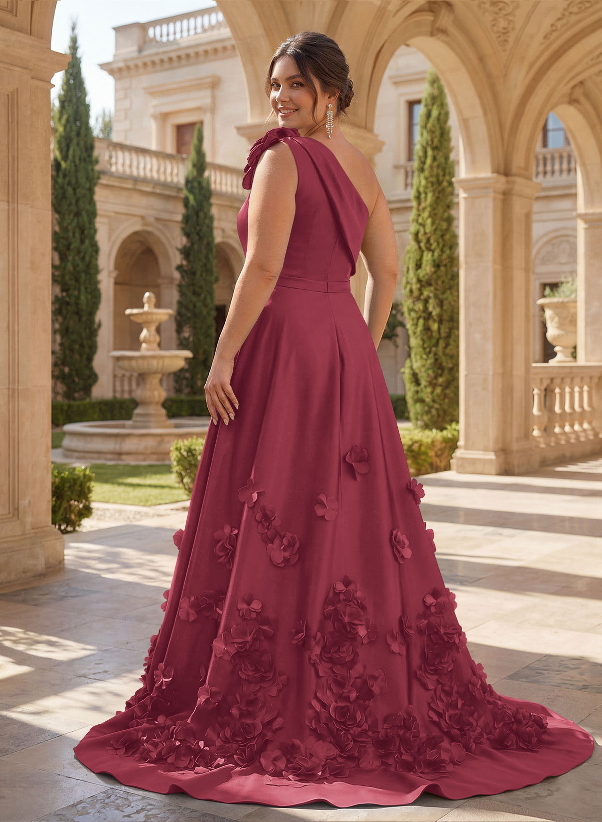 One-Shoulder Detachable Sweep Train Mother Of The Bride Dresses With Flower
