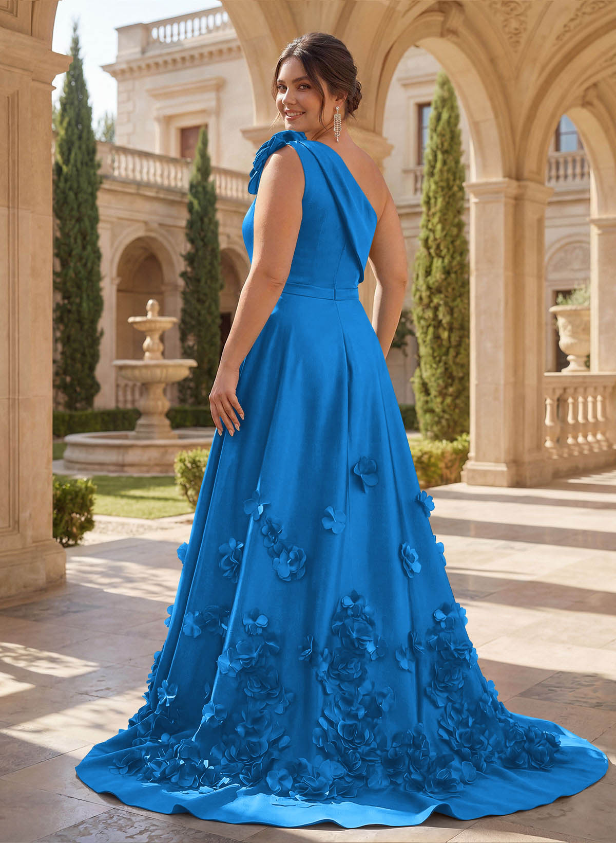 One-Shoulder Detachable Sweep Train Mother Of The Bride Dresses With Flower